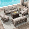 Amopatio Aluminum Patio Furniture Set with Fire Pit, 8 Pcs Metal Patio Sofa Sets with Metal Top Fire Pit Table, Modern Outdoor Furniture with 6' Cushion, Beige (Included Waterproof Covers)