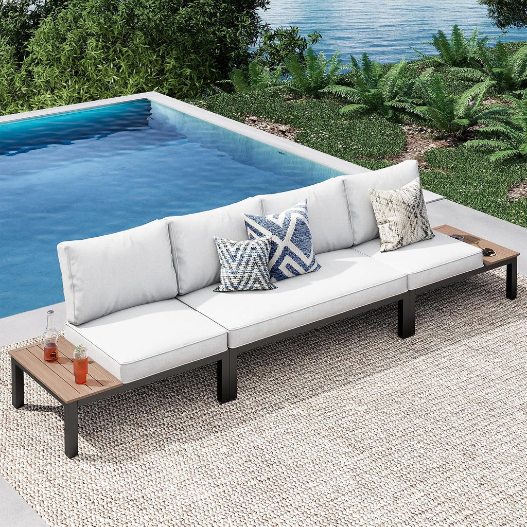 PHI VILLA 3 Pieces Outdoor Patio Furniture Set,Metal Frame Modern Outdoor Sectional Sofa Set,4 Seats Patio Conversation Sets with Coffee Table,for Poolside and Backyard,Light Grey