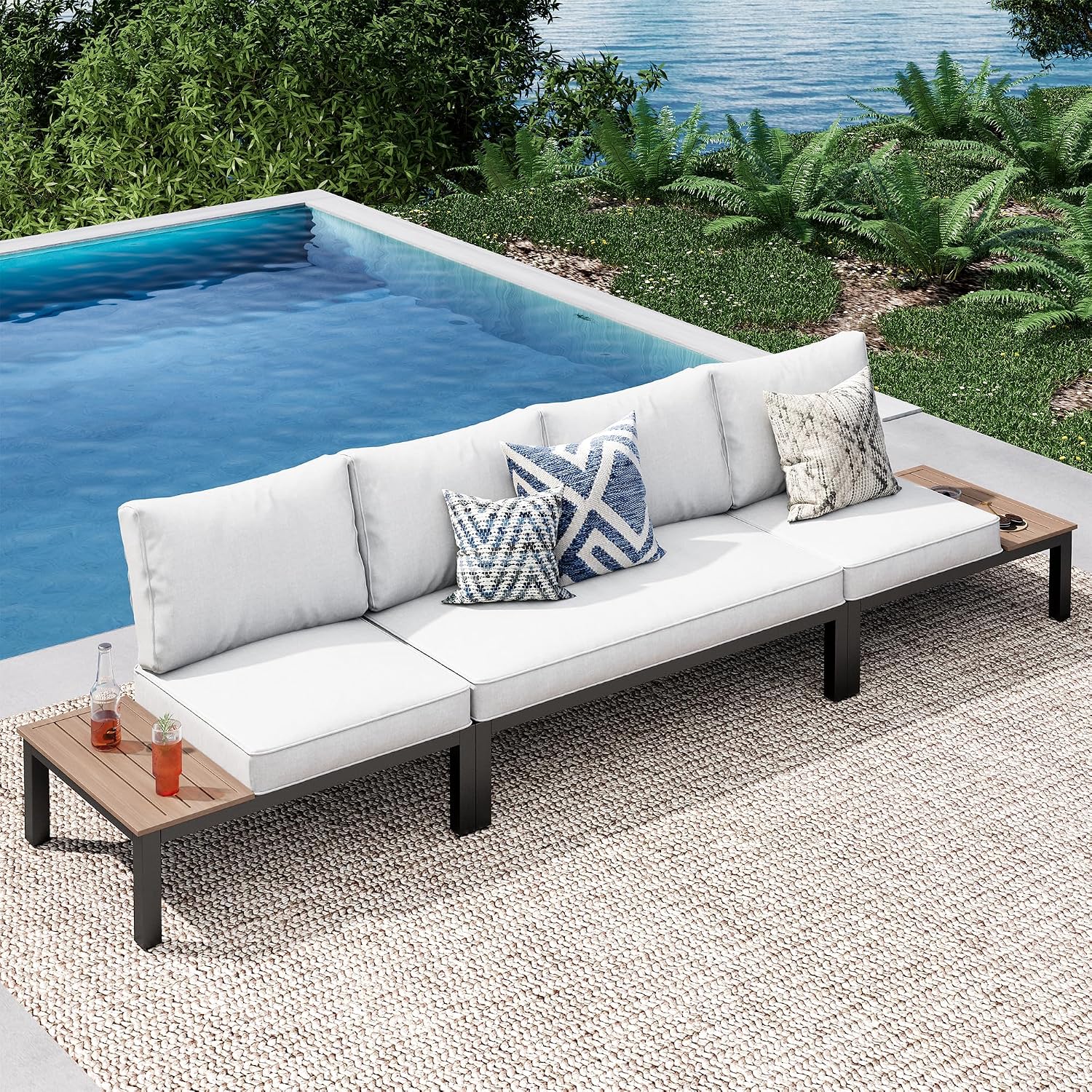 PHI VILLA 3 Pieces Outdoor Patio Furniture Set,Metal Frame Modern Outdoor Sectional Sofa Set,4 Seats Patio Conversation Sets with Coffee Table,for Poolside and Backyard,Light Grey