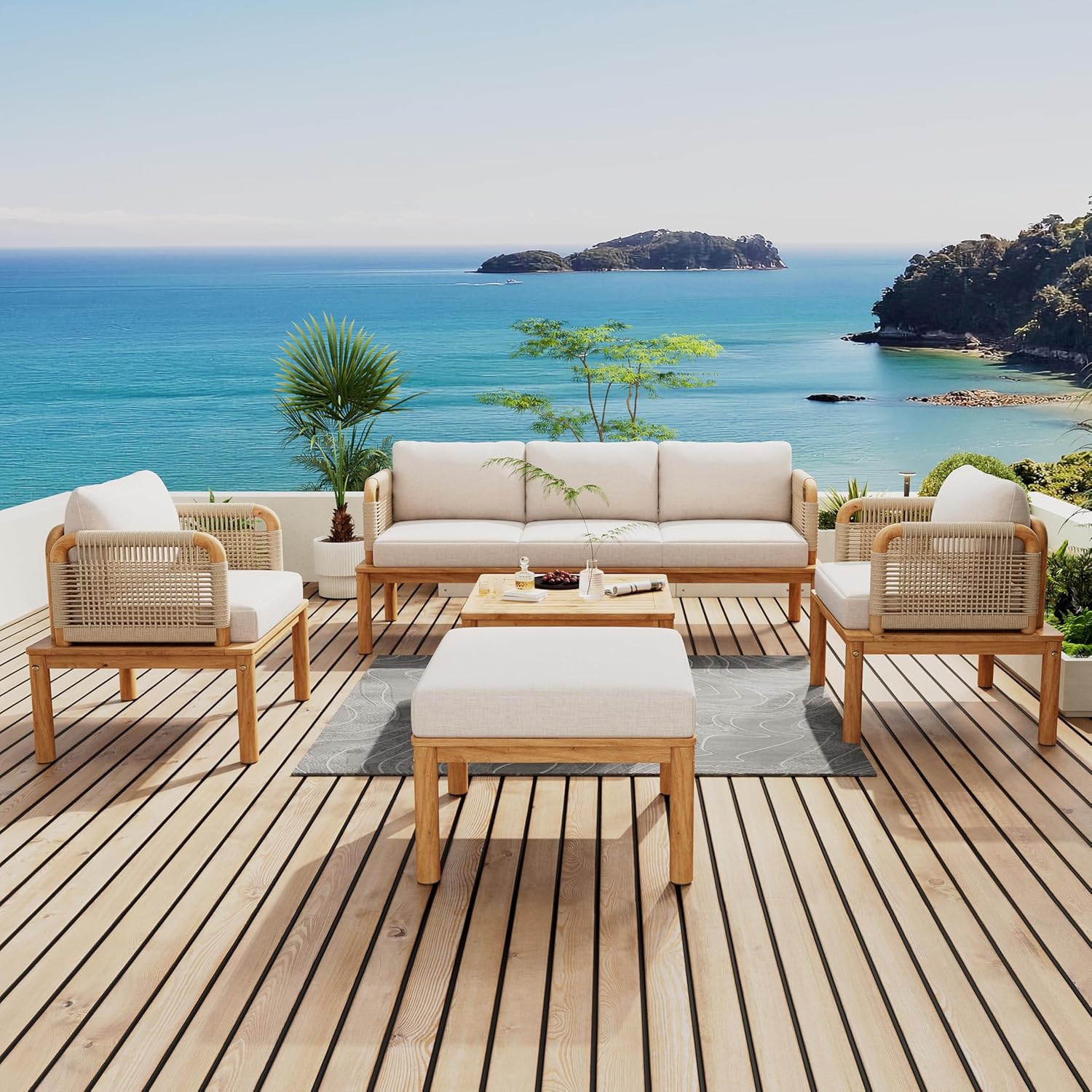 Acacia Wood Patio Multi-Person Sofa Set with Coffee Table and Removable Cushion, All-Weather Conversation Set Outdoor Seating for Garden Backyard Poolside Balcony (Teak+Beige-5PCS)