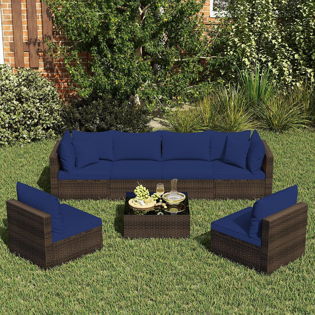 Tangkula 7 Piece Patio Wicker Furniture Set, Outdoor Rattan Sectional Sofa Set for 6 with Seat & Back Cushions, 2 Throw Pillows, Sofa Fastener Clips, for Backyard, Poolside, Deck (Mix Brown+Navy)