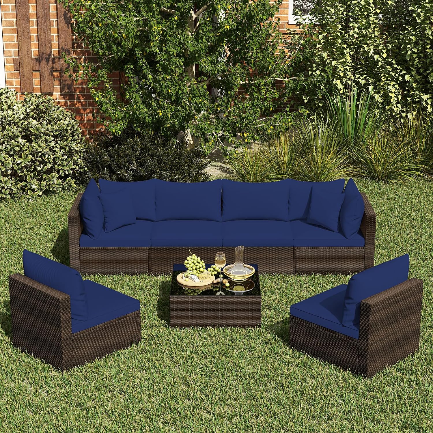 Tangkula 7 Piece Patio Wicker Furniture Set, Outdoor Rattan Sectional Sofa Set for 6 with Seat & Back Cushions, 2 Throw Pillows, Sofa Fastener Clips, for Backyard, Poolside, Deck (Mix Brown+Navy)