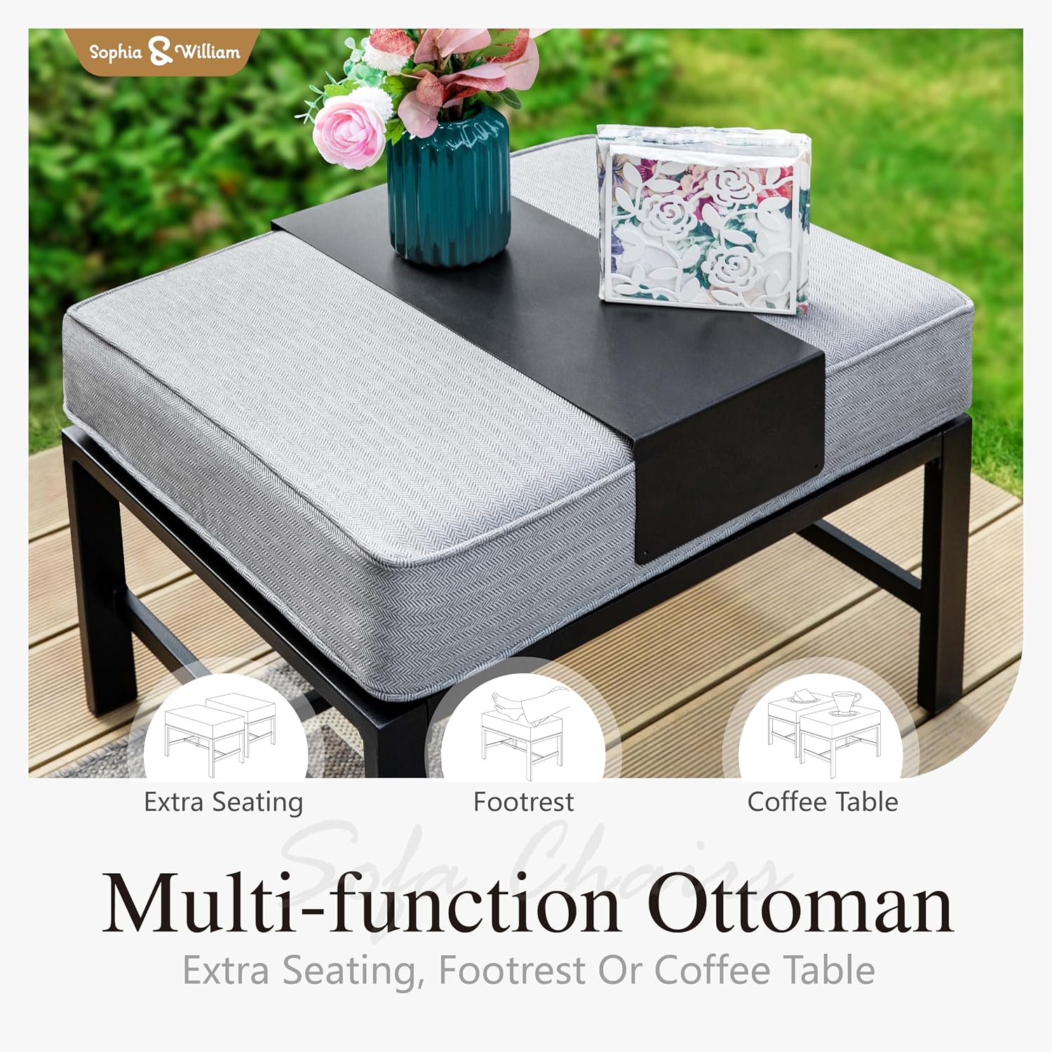 Sophia & William Patio Furniture Sets 7 Seats Outdoor Conversation Set 6 Pcs,2 x Cushioned Swivel Sofa Chairs,1 x 3-Seat Sofa,2 Ottomans, Marbling Metal Coffee Table Patio Backyard Poolside Grey