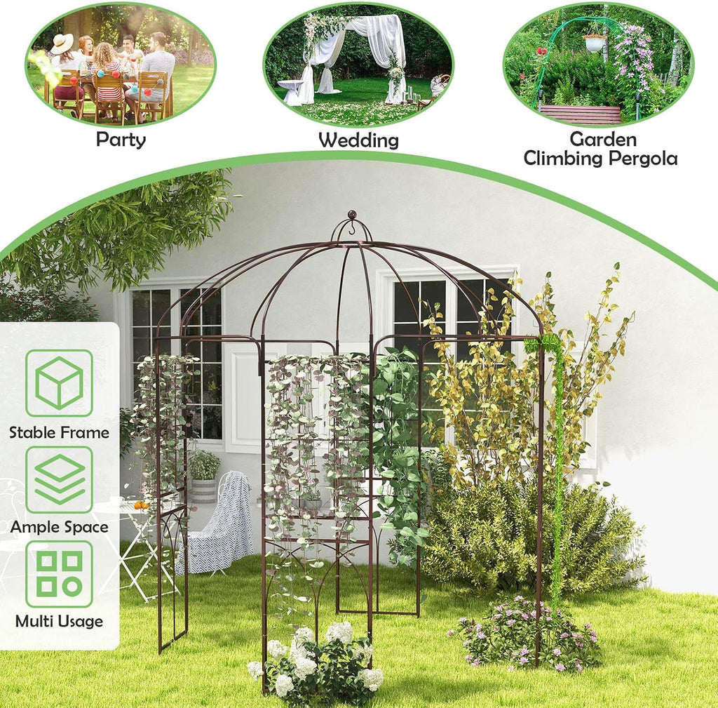 HAPPYGRILL Birdcage Shape Garden Arbor, 7 x 8.4 ft Heavy Duty Metal Garden Gazebo Pergola with Trellis, Garden Arch Trellis for for Climbing Plants Wedding Party Decor Outdoor Arch Pavilion for Lawn