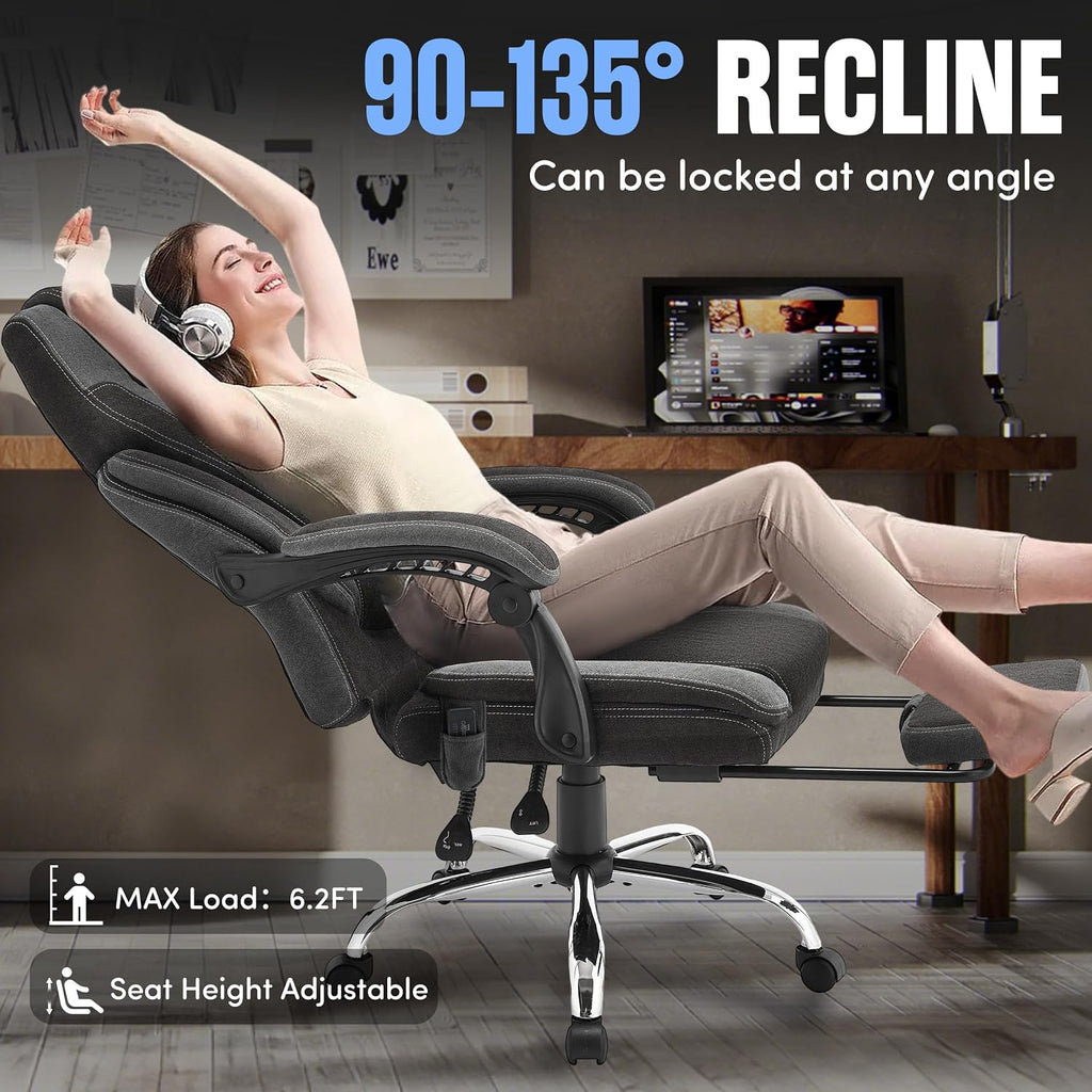 Massage Office Chair with Footrest,6-Point Vibration and Heat Executive Office Chairs,Ergonomic Desk Chair for Heavy People,500LBS Big and Tall Fabric Office Chair,Reclining Managerial Chair,Blackgrey