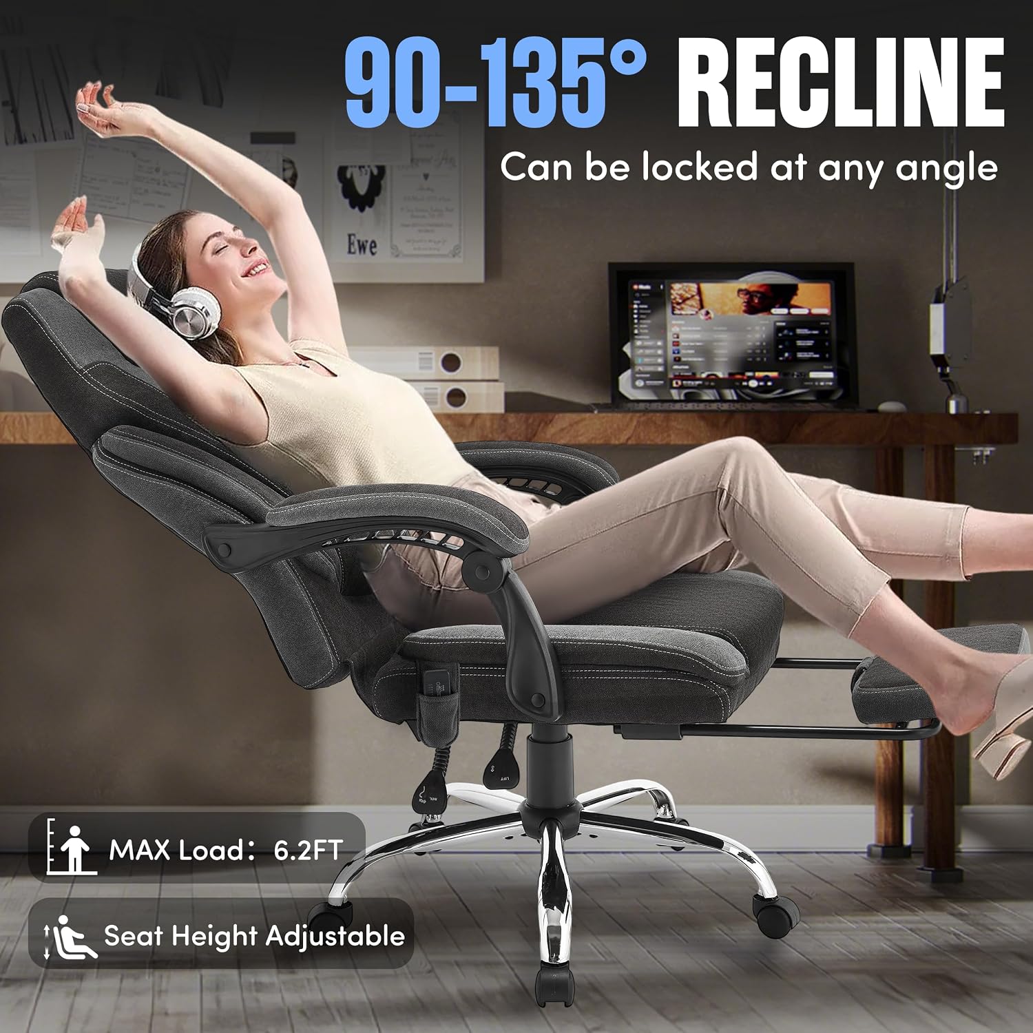 Massage Office Chair with Footrest,6-Point Vibration and Heat Executive Office Chairs,Ergonomic Desk Chair for Heavy People,500LBS Big and Tall Fabric Office Chair,Reclining Managerial Chair,Blackgrey
