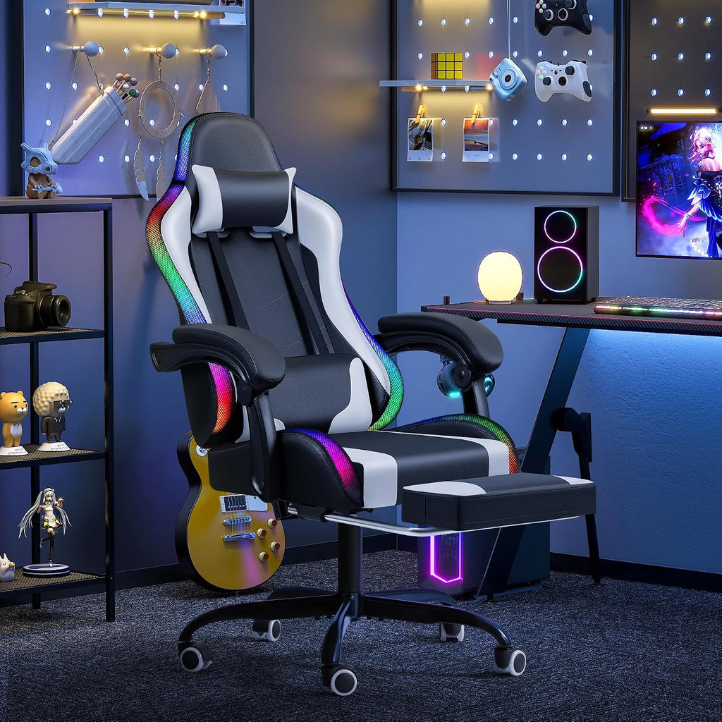 Furmax Gaming Chair with RGB LED Lights, Video Game Chair with Footrest and Massage Lumbar Support, High Back Reclining Computer Chair with Headrest, Swivel Seat Gamer Chair (LED White)