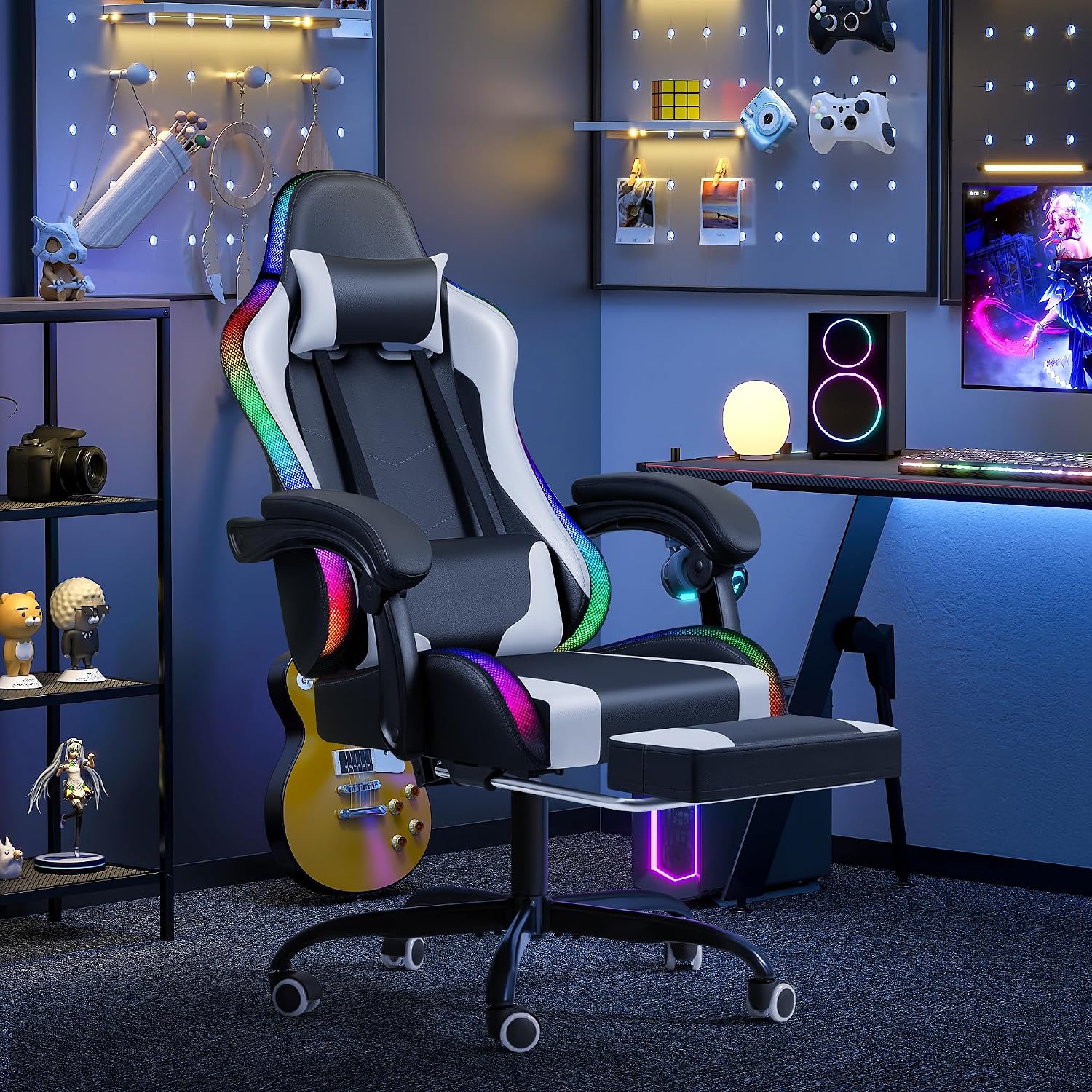 Furmax Gaming Chair with RGB LED Lights, Video Game Chair with Footrest and Massage Lumbar Support, High Back Reclining Computer Chair with Headrest, Swivel Seat Gamer Chair (LED White)