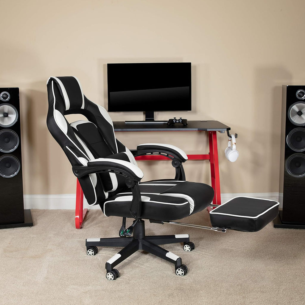 EMMA + OLIVER White Ergonomic Gaming Chair - Reclining Back/Arms, Footrest, Massaging Lumbar