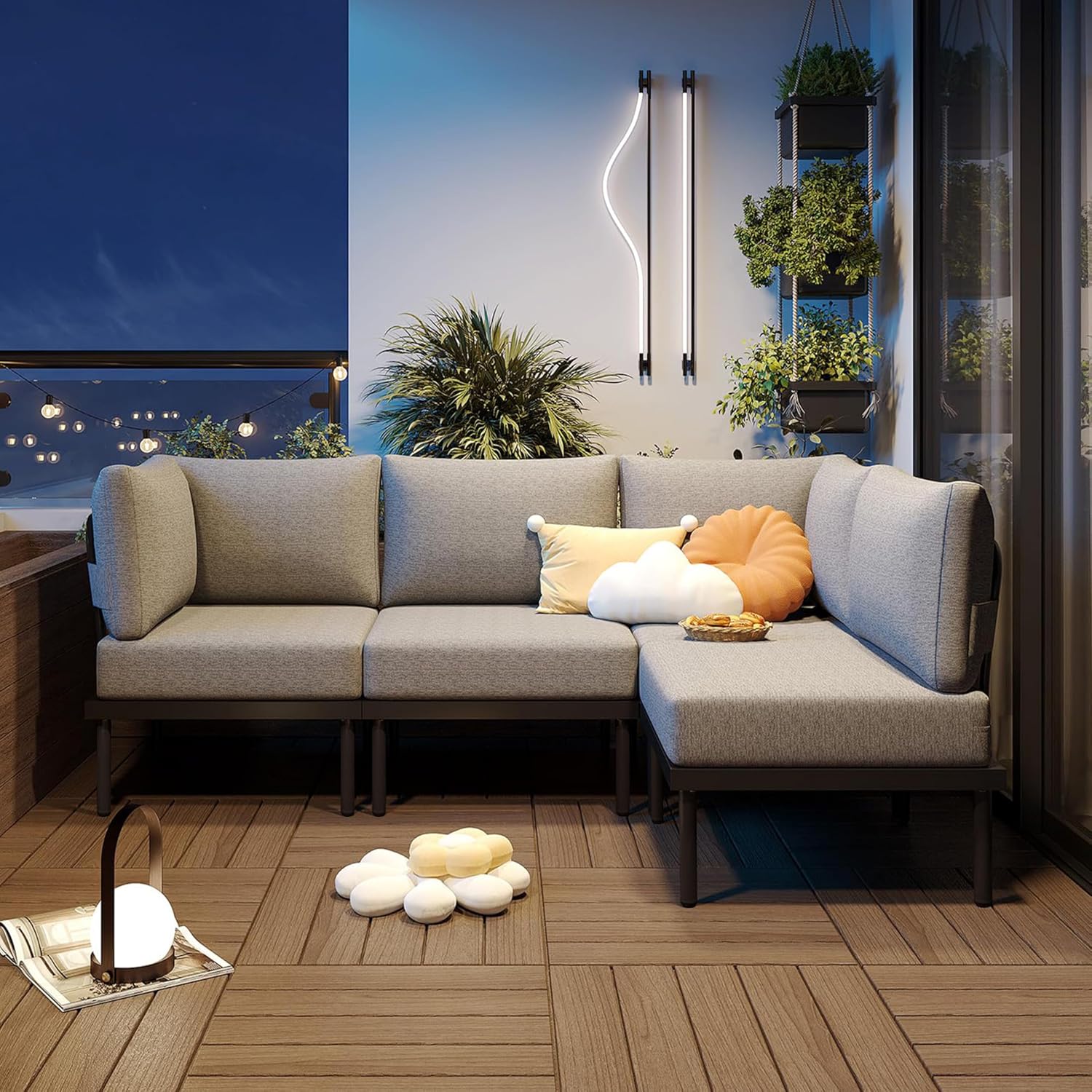 Sundale Outdoor 4 Pieces Patio Furniture Set, Metal Sectional Sofa Patio Conversation Set with 6 Inch Cushions, Modern Patio Corner Couch for Balcony, Porch, Sunroom (Grey/Dark Grey)