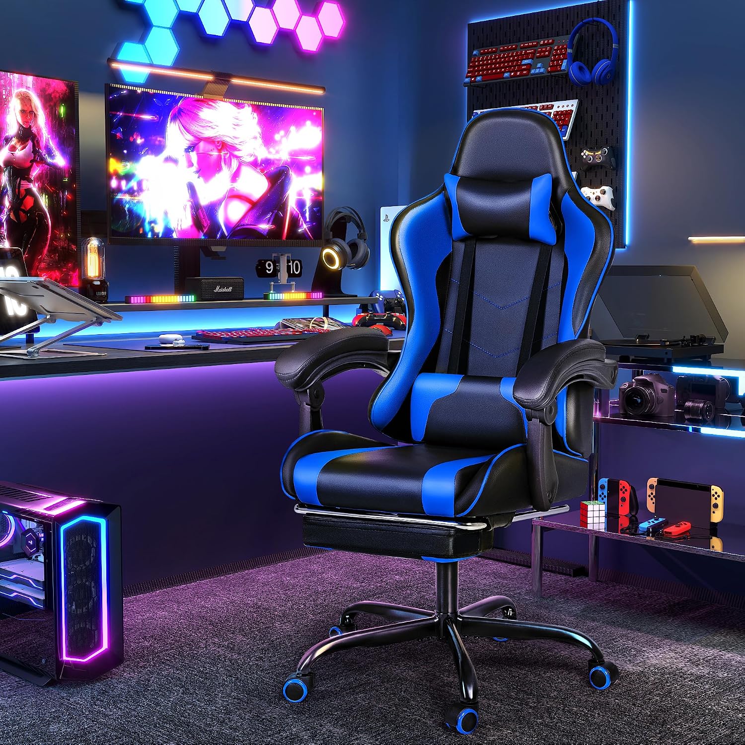 Furmax Gaming Chair, Video Game Chair with Footrest and Massage Lumbar Support, Swivel Seat Height Adjustable Computer Chair with Headrest, Racing E-Sport Gamer Chair (Blue)
