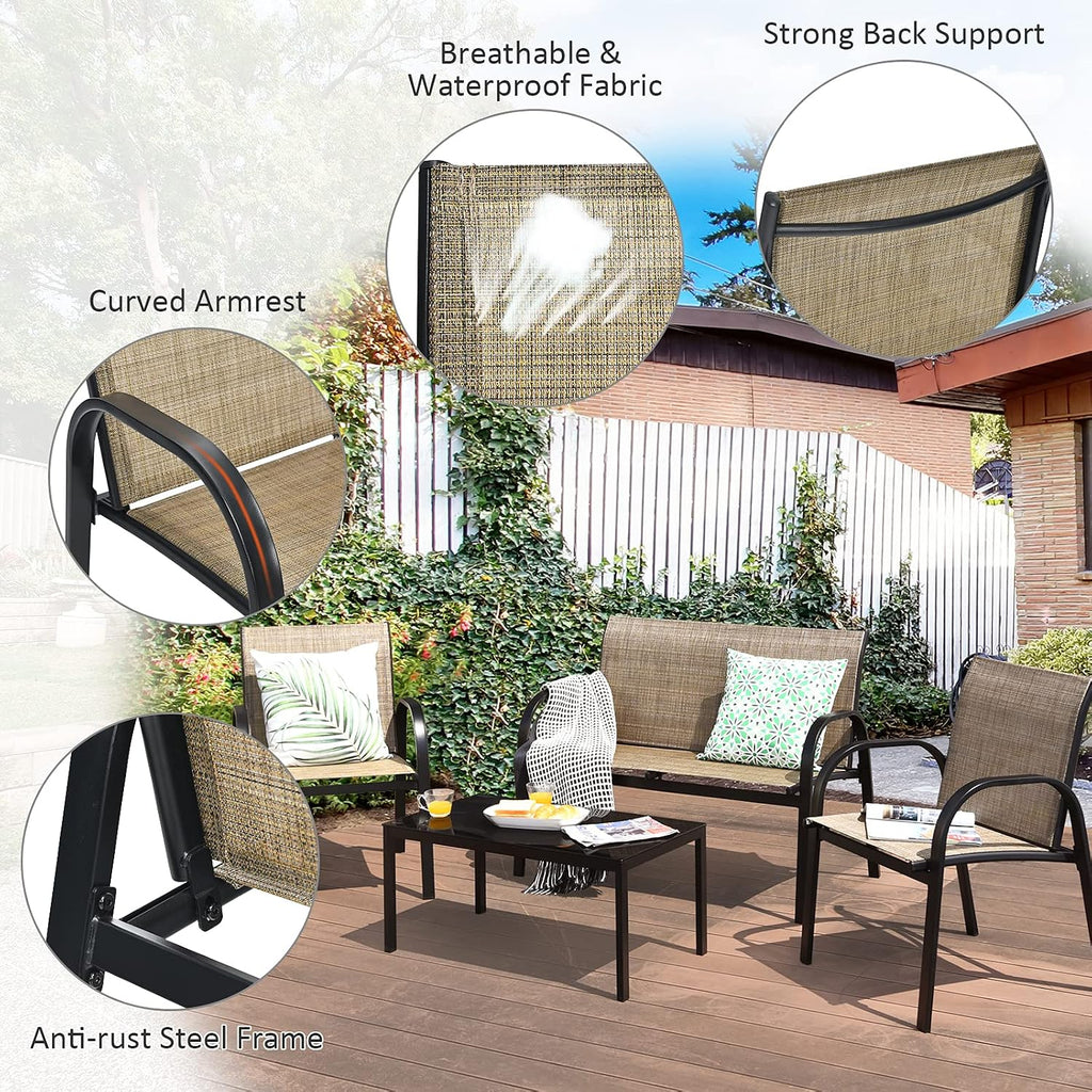 Tangkula 4 Pieces Patio Furniture Set, Metal Frame Heavy Duty Outdoor Conversation Set, Includes Glass Top Coffee Table, 2 Armrest Chairs and Loveseat, Suitable for Lawn Garden Porch Balcony (Brown)