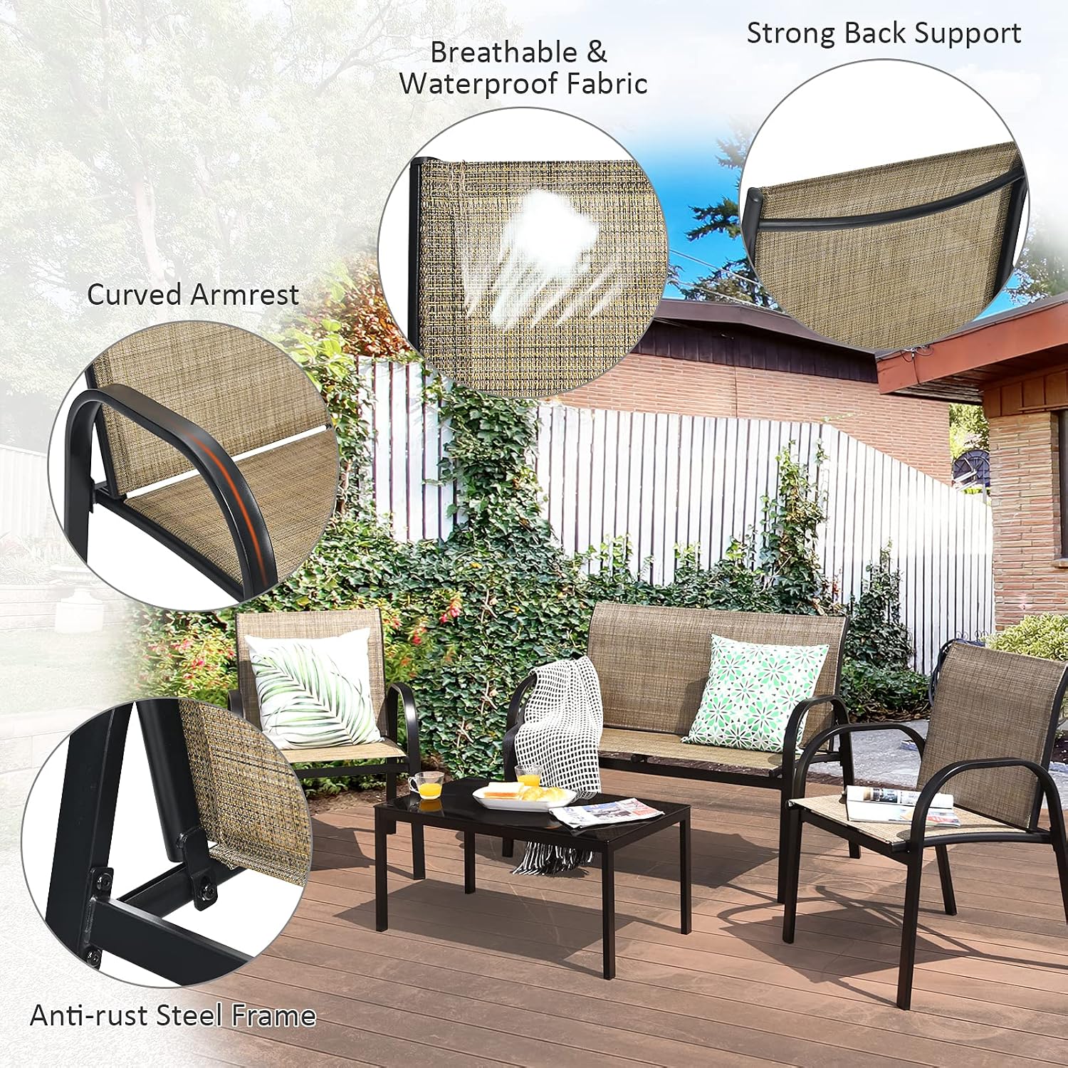 Tangkula 4 Pieces Patio Furniture Set, Metal Frame Heavy Duty Outdoor Conversation Set, Includes Glass Top Coffee Table, 2 Armrest Chairs and Loveseat, Suitable for Lawn Garden Porch Balcony (Brown)