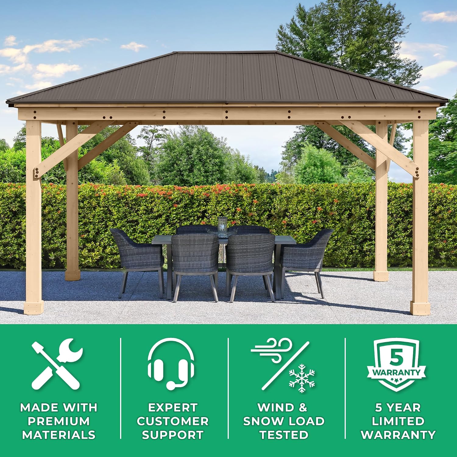 Yardistry 12 x 16 Meridian Cedar Wood Gazebo Pavilion for Patios, Decks, Garden, Backyard, Durable, Aluminum Roof