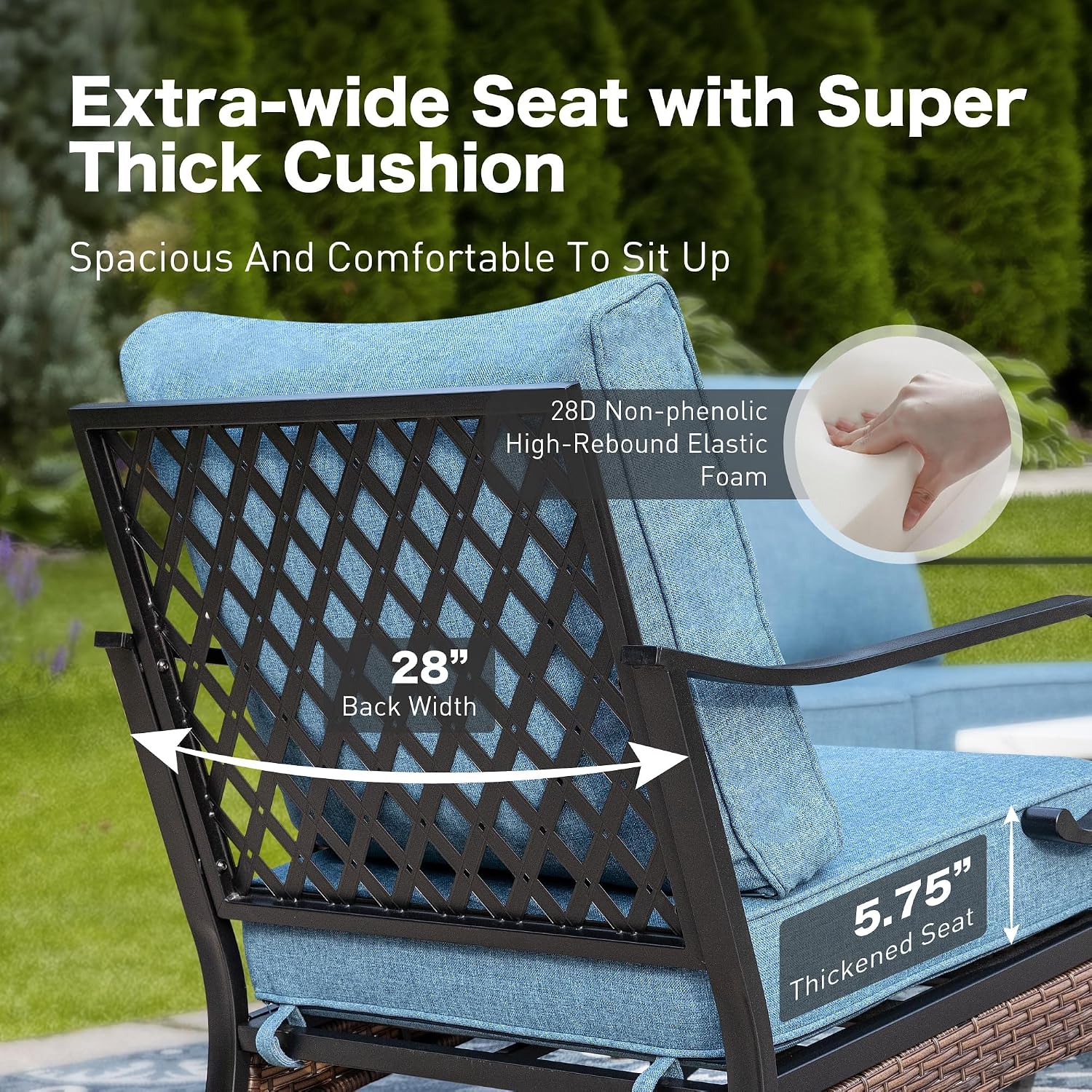 SUNSHINE VALLEY 6 Piece Metal Outdoor Patio Furniture Set, Patio Conversation Set with Rocking Chair and 5.75' Thick Cushion & Coffee Tabl, Outdoor Seating Black Frame Backyard Furniture, Denim Blue