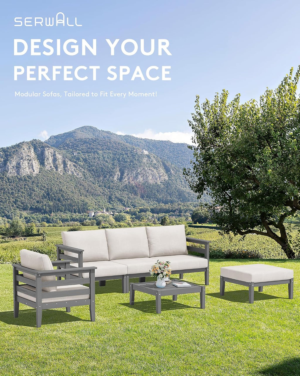 SERWALL HDPE Patio Furniture Set, 2 Pieces Outdoor Sectional Sofa Set, All-Weather Wood-Like Outdoor Sofa Couch with Coffee Table for Deck, Lawn, Grey Frame with Khaki Cushion