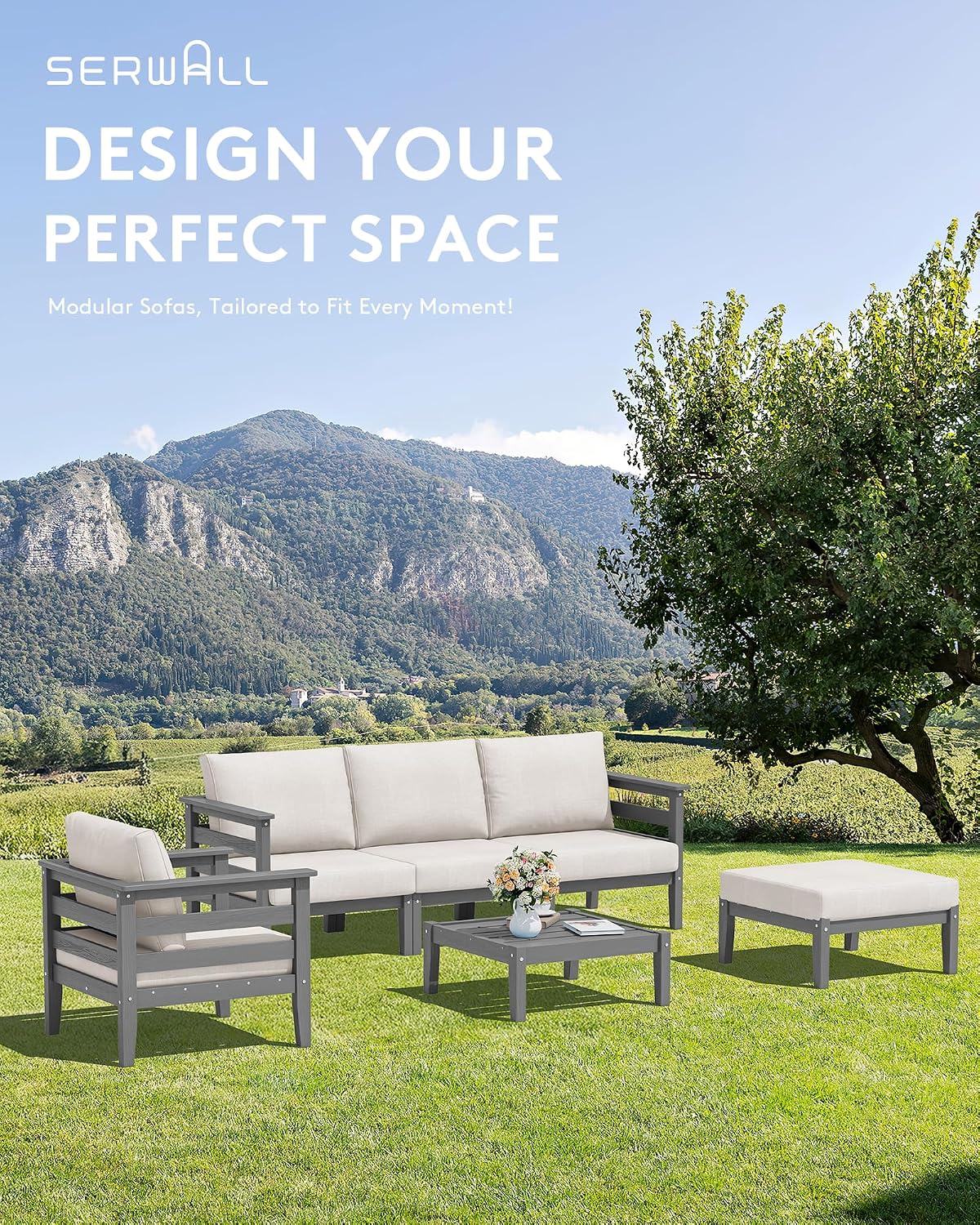 SERWALL HDPE Patio Furniture Set, 2 Pieces Outdoor Sectional Sofa Set, All-Weather Wood-Like Outdoor Sofa Couch with Coffee Table for Deck, Lawn, Grey Frame with Khaki Cushion