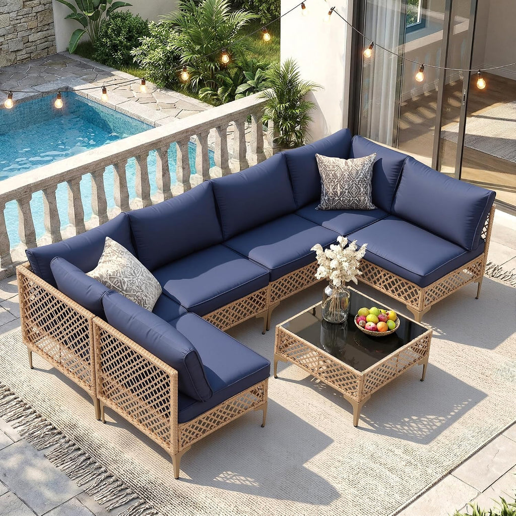 FHFO 7 Piece Patio Furniture Set, Outdoor Wicker Modular Sectional Patio Conversation Set with Thicker Cushion & Tempered Glass Coffee Table for Backyard, Poolside, Porch (Yellow/Blue)