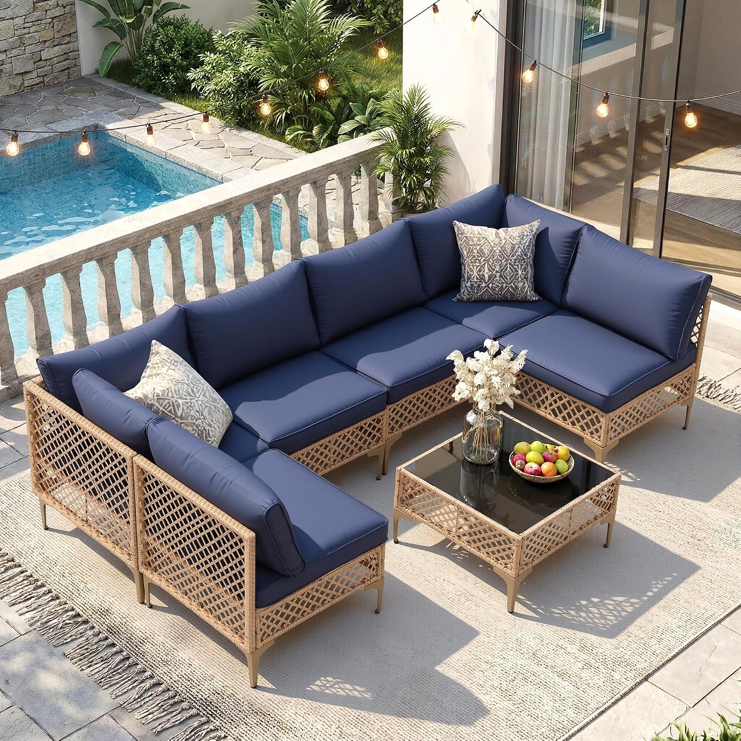 FHFO 7 Piece Patio Furniture Set, Outdoor Wicker Modular Sectional Patio Conversation Set with Thicker Cushion & Tempered Glass Coffee Table for Backyard, Poolside, Porch (Yellow/Blue)