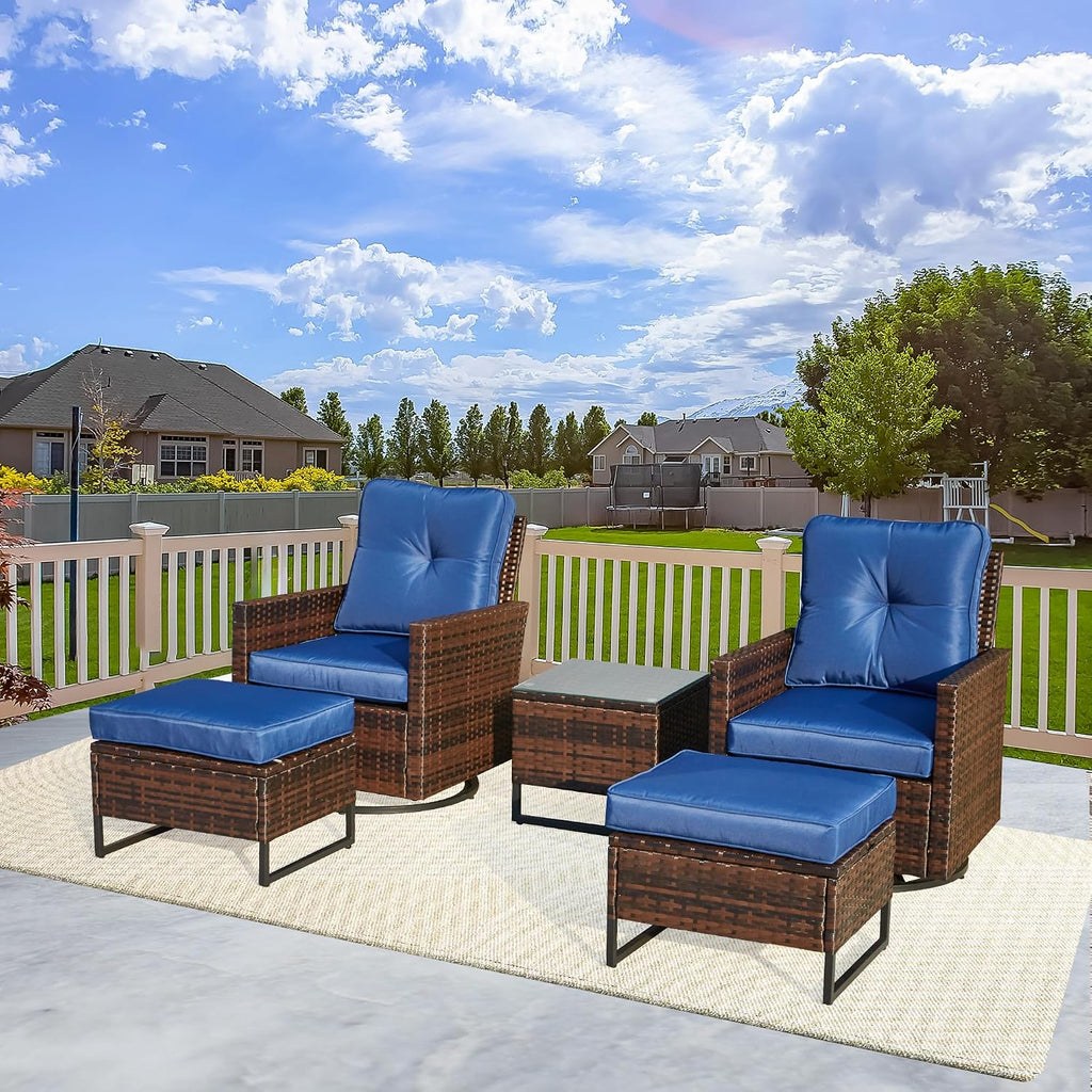AVAWING 5 PCS Patio Swivel Rocking Chairs Set with Ottoman, Outdoor Wicker Furniture with Rattan Side Table, 360° Swivel Chairs for Garden, Porch, Backyard, Blue/Brown Wicker