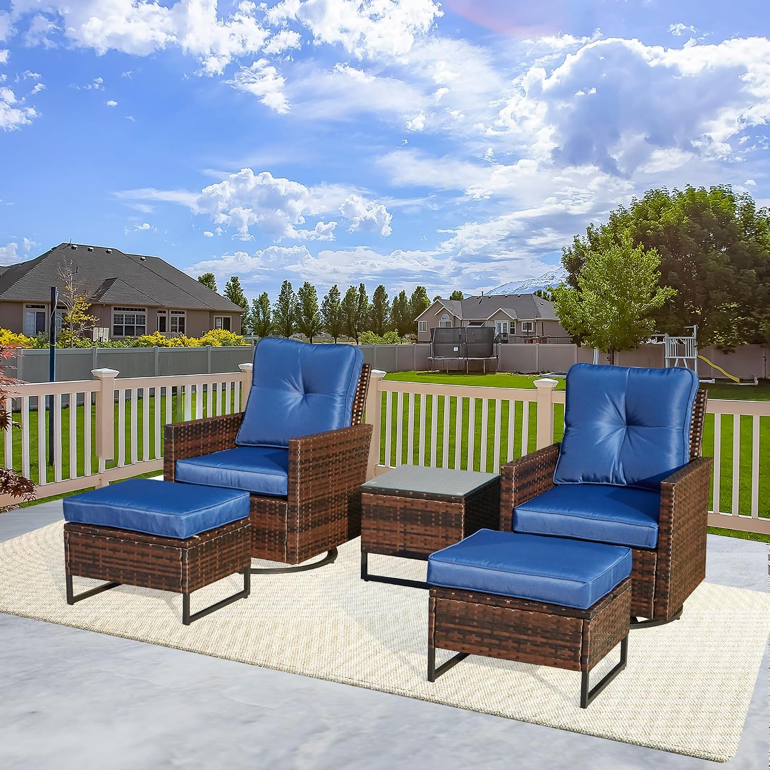 AVAWING 5 PCS Patio Swivel Rocking Chairs Set with Ottoman, Outdoor Wicker Furniture with Rattan Side Table, 360° Swivel Chairs for Garden, Porch, Backyard, Blue/Brown Wicker