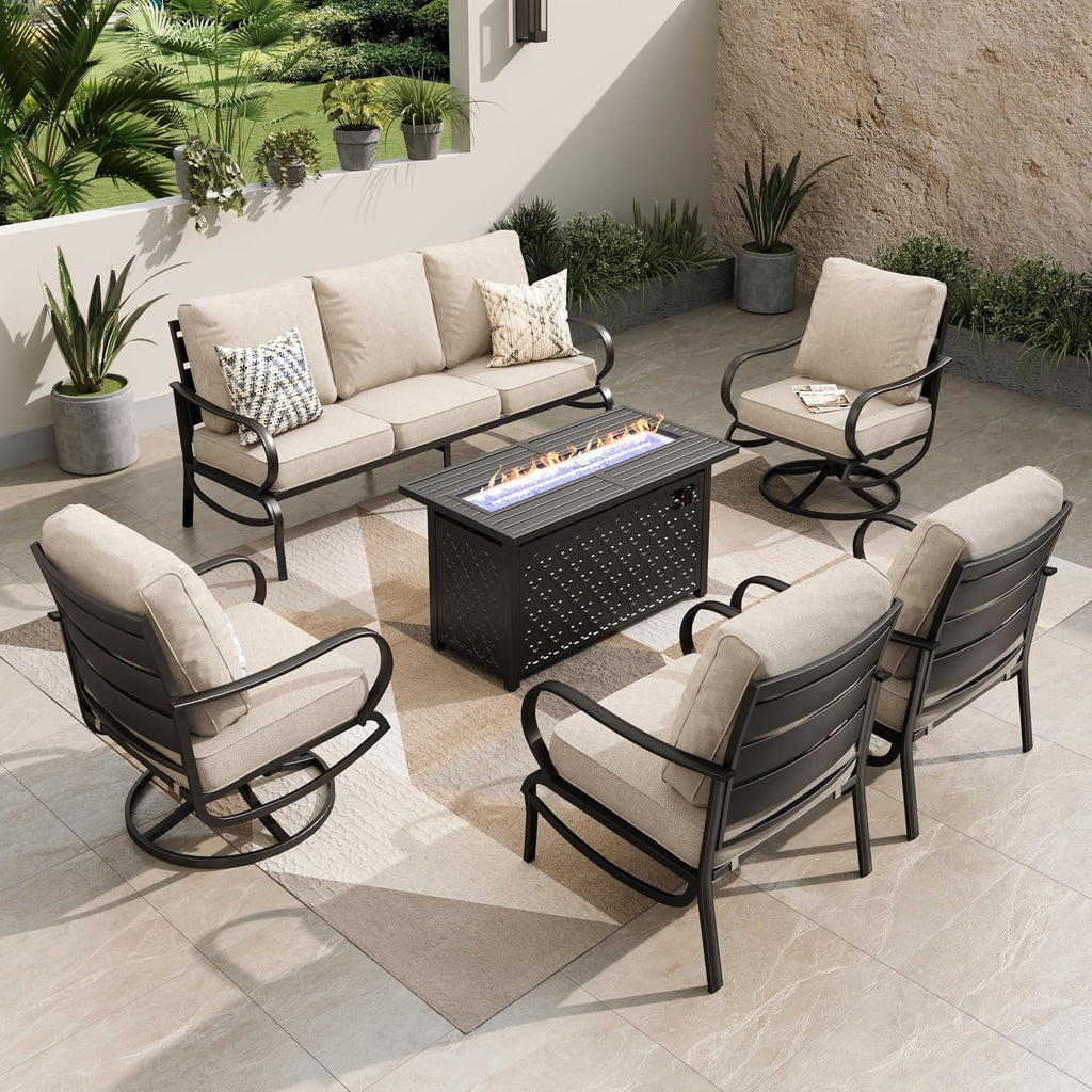 PHI VILLA Patio Conversation Set with Fire Pit, 7 Seat with 45' Firepit Table, Swivel & Fixed, Beige