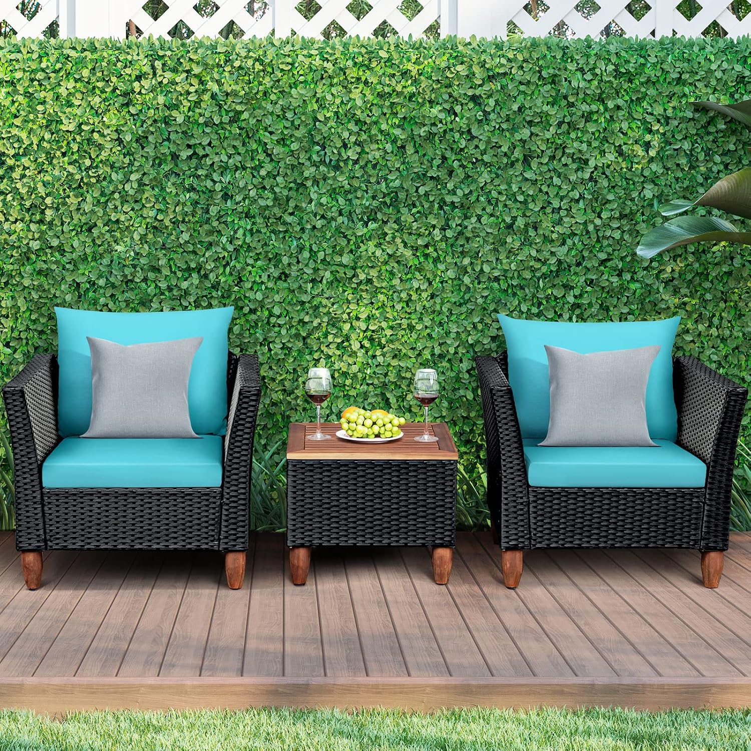 Tangkula 3 Piece Patio Furniture Set, Patiojoy Outdoor Wicker Rattan Bistro Sofa Set w/Washable Cushion, Acacia Wood Top Coffee Table, Conversation Set w/Adjustable Feet for Balcony Backyard Porch