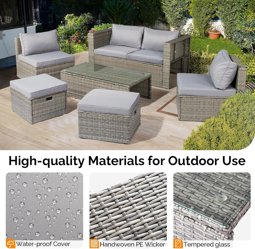 VINGLI 6 Pieces Wicker Patio Furniture Set, Outdoor Sectional Furniture Patio Conversation Set Space-Saving Design with Ottomans and Coffee Table for Garden,Poolside, Backyard(Grey)
