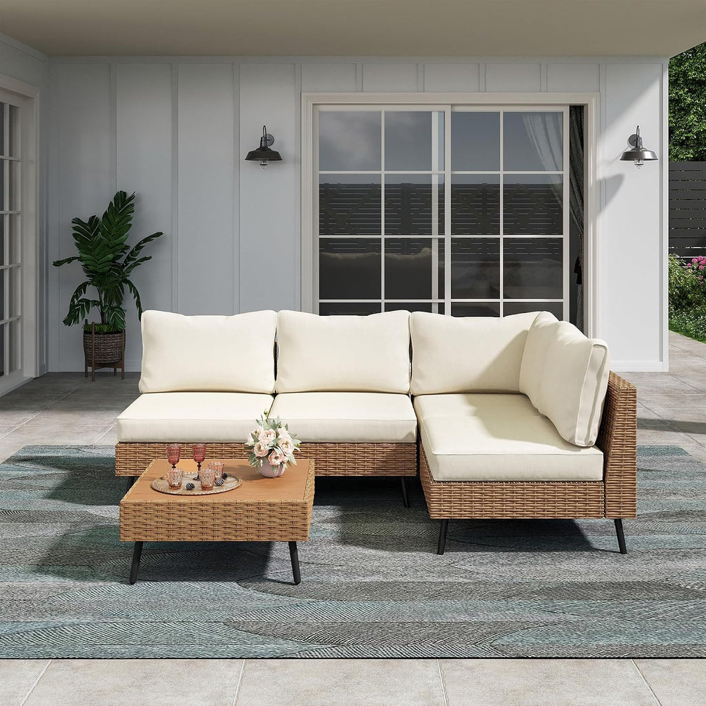 LAUSAINT HOME Outdoor Patio Furniture, 5 Piece Outdoor Sectional Sofa PE Rattan Wicker Patio Conversation Sets, All Weather Patio Furniture Set with Thick Cushions for Garden, Backyard(Beige)