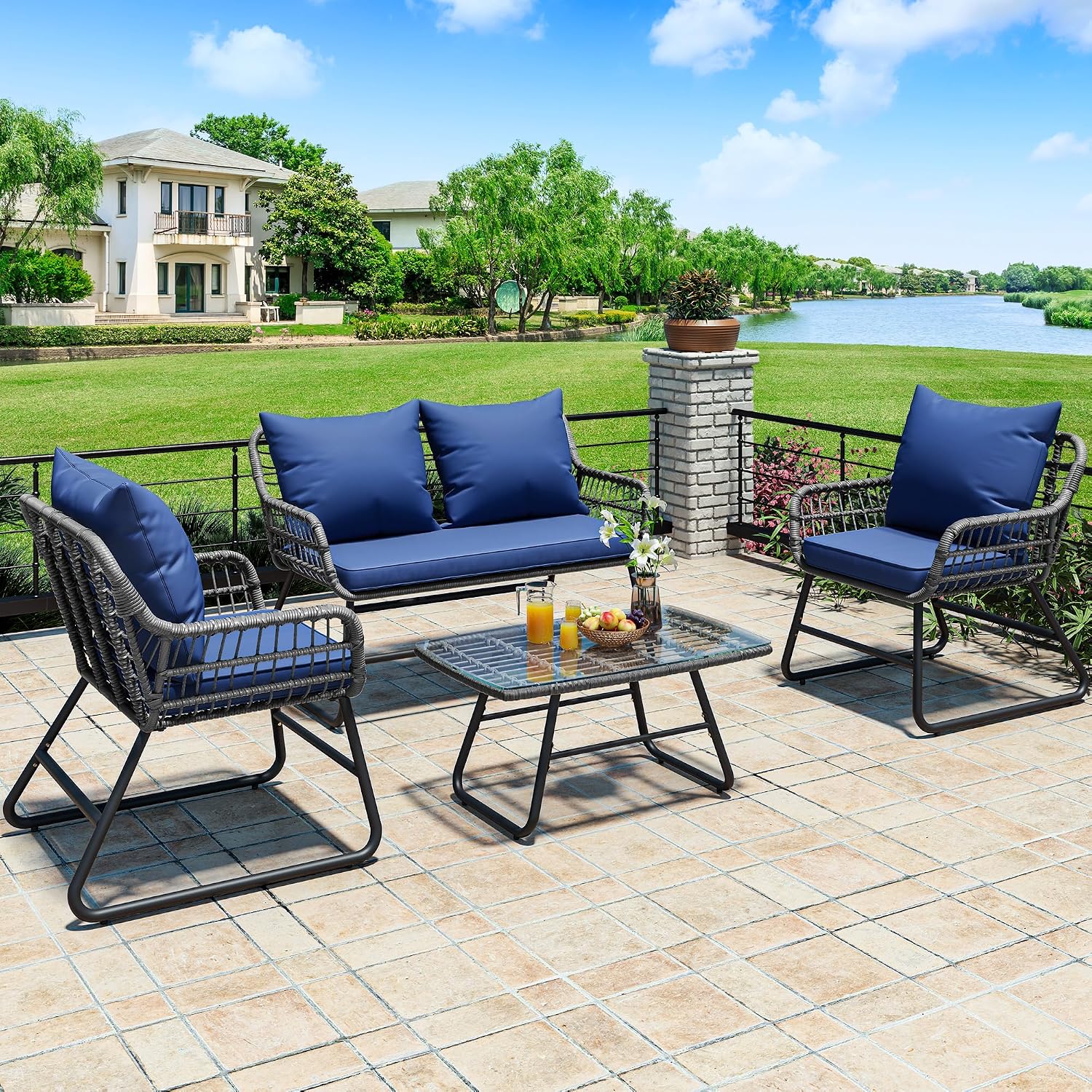 YITAHOME 4-Piece Patio Furniture Set, Wicker Outdoor Bistro Set, All Weather Rattan Patio Conversation Set with Soft Cushions and Glass Side Table for Backyard, Balcony, Deck - Navy Blue