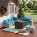 8 Pieces Outdoor Patio Furniture Set with 43' Fire Pit Table, Wicker Outdoor Patio Sectional Sofas Coffee Table, All-Weather Patio Conversation Set with Cushions for Garden Backyard, Light Blue