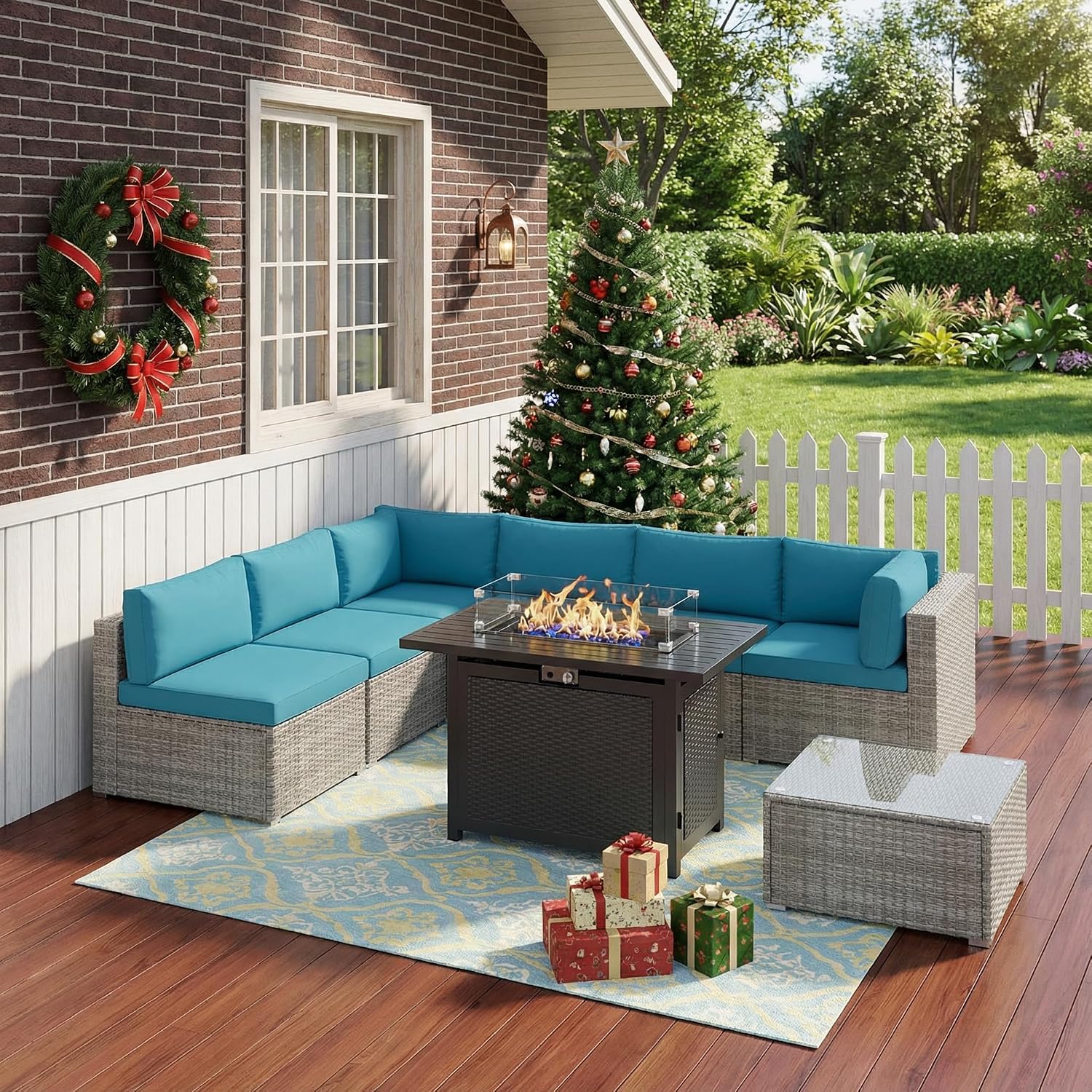 8 Pieces Outdoor Patio Furniture Set with 43' Fire Pit Table, Wicker Outdoor Patio Sectional Sofas Coffee Table, All-Weather Patio Conversation Set with Cushions for Garden Backyard, Light Blue