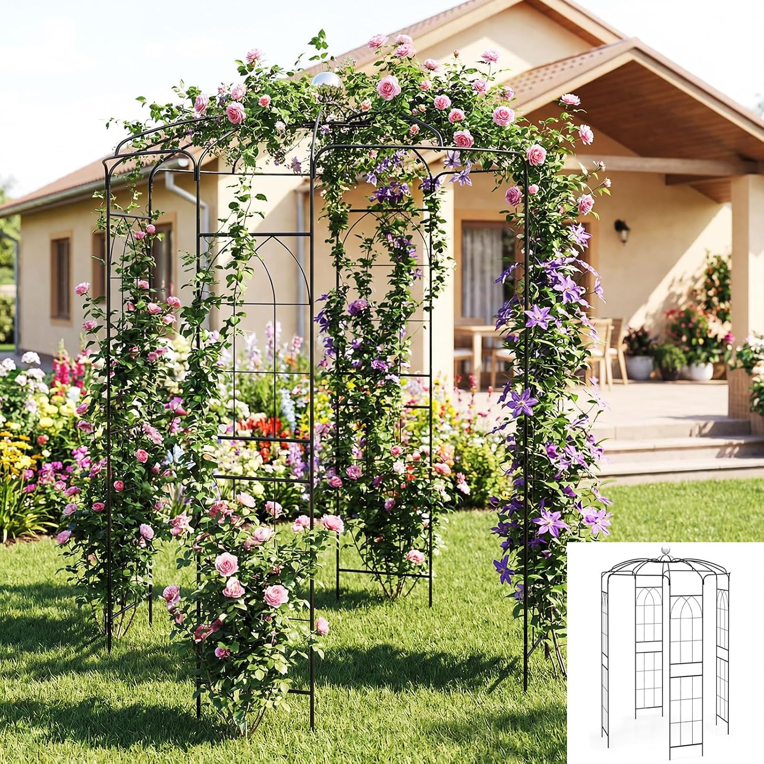 Moccha Birdcage Shape Gazebo, 9.4' H x 6.8' W Pergola Pavilion Arbor for Climbing Plants, French Style Arch Trellis with 8 Ground Stakes, Outdoor Metal Garden Arch for Wedding Party Decoration, Black
