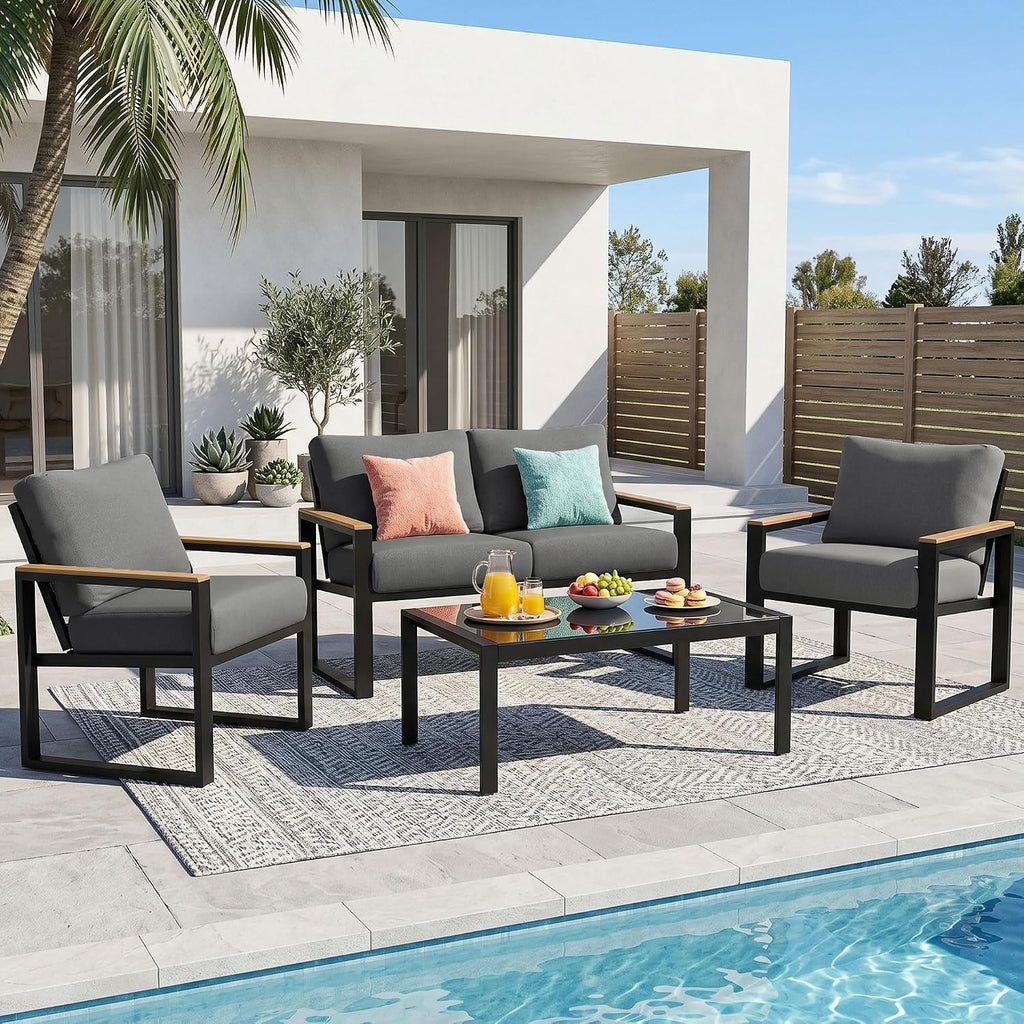 NATURAL EXPRESSIONS 4 Pieces Patio Furniture Sets,Metal Outdoor Patio Furniture Sets,Outdoor Sectional Patio Conversation Set,Wooden Anti-Scald Armrest,Sling Mesh,4' Olefin Cushions Dark Grey