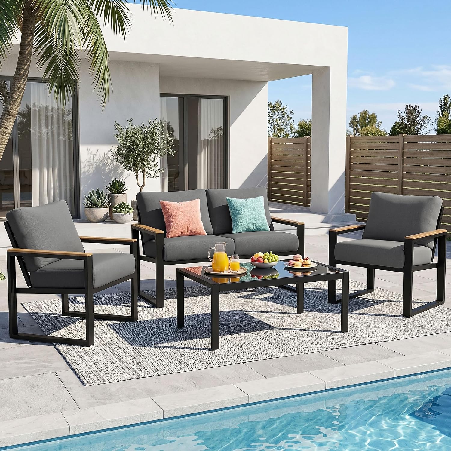 NATURAL EXPRESSIONS 4 Pieces Patio Furniture Sets,Metal Outdoor Patio Furniture Sets,Outdoor Sectional Patio Conversation Set,Wooden Anti-Scald Armrest,Sling Mesh,4' Olefin Cushions Dark Grey