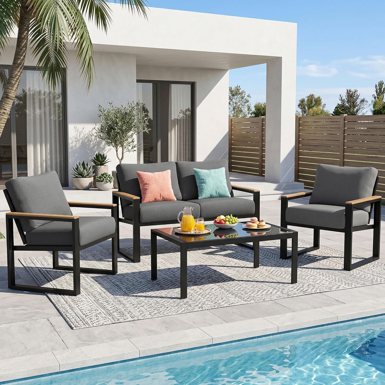 NATURAL EXPRESSIONS 4 Pieces Patio Furniture Sets,Outdoor Metal Sectional Furniture Modern Patio Conversation Set,Fauxwood Anti-Scald Armrest,Sling Mesh,Tempered-Glass Table,4' Olefin Cushions