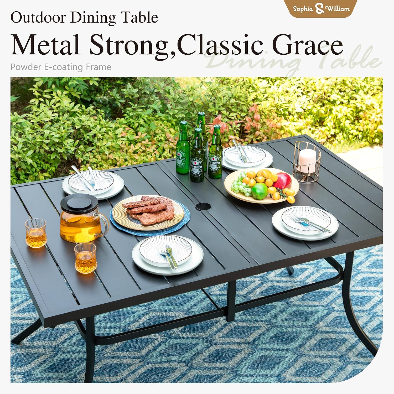 Sophia & William Patio Table and Chairs Set, Outdoor Dining Set for 6, 7 Piece Metal Patio Furniture, 60' Black Rectangular Table(Stripe)