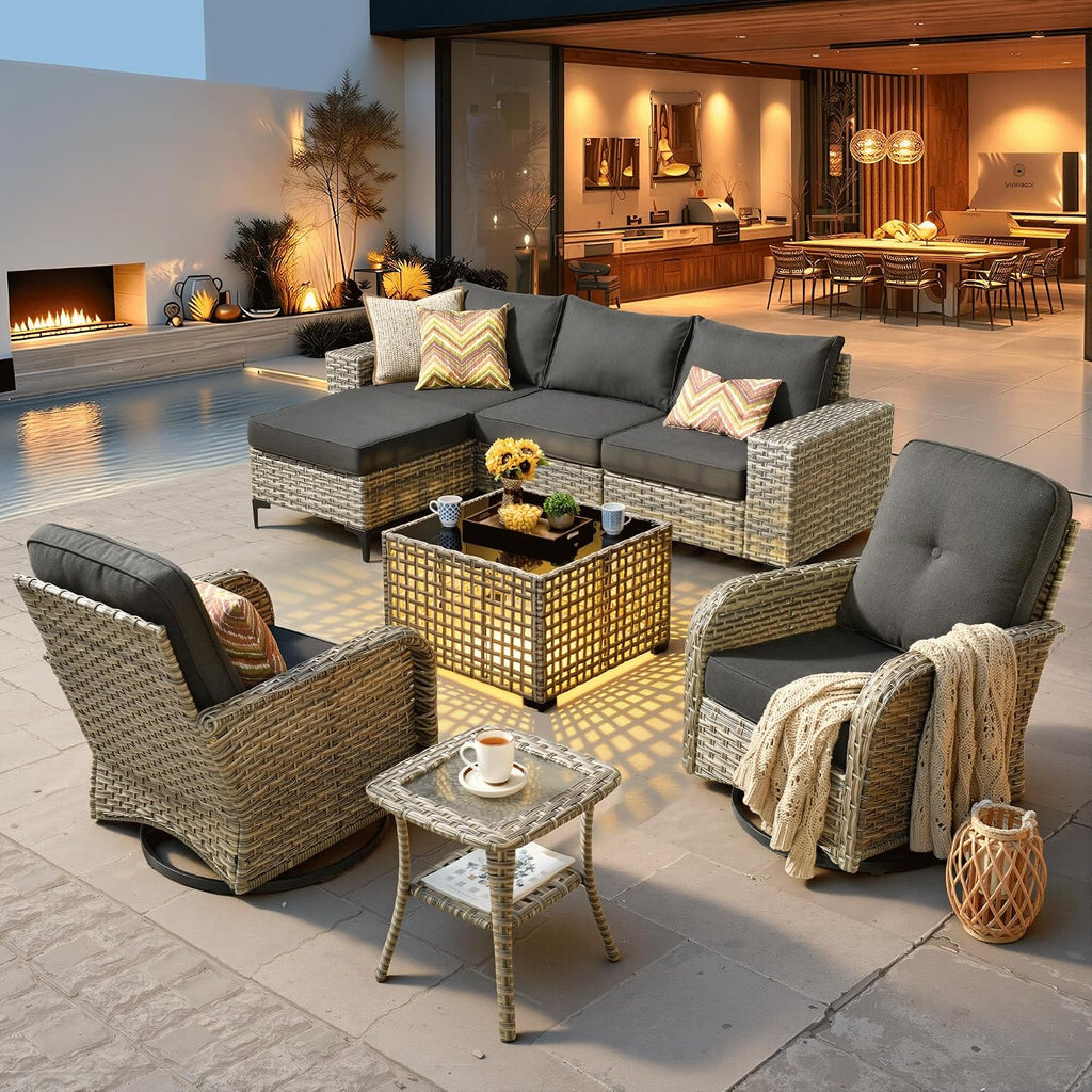 ovios 8-Piece Patio Furniture Set with L-Shape Sofa Chaise, Outdoor Sectional Couch Swivel Gliders Solar Table, Modern Modular Wicker Rattan Conversation Set, Black
