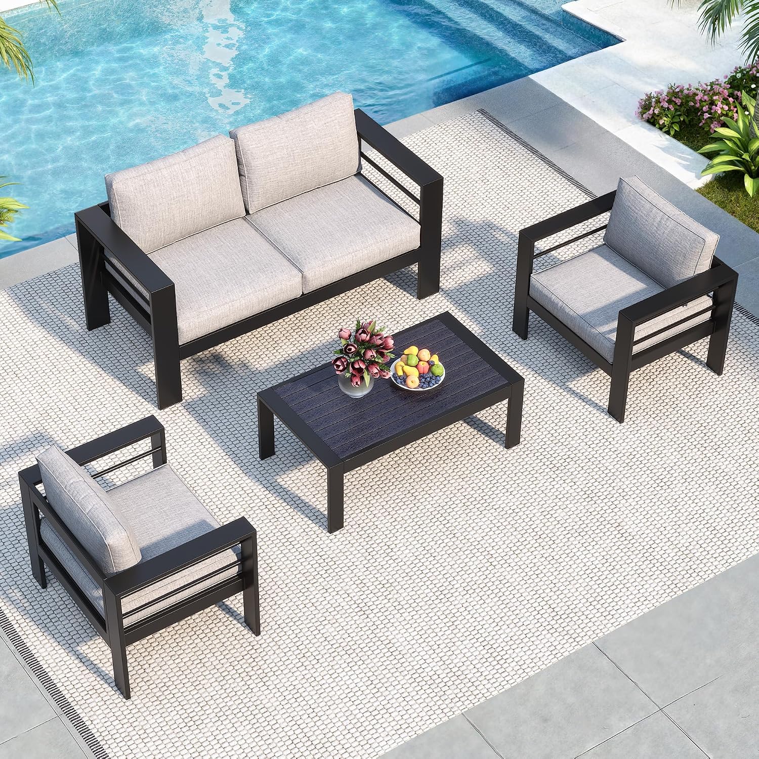 Solaste Aluminum Patio Furniture Set for All Weather, Oversized Metal Outdoor Furniture Set with 27.5' Deep Seating and 3.2' WIde Armrest, Outdoor Patio Conversation Sets with 10'' Back Suport Cushion