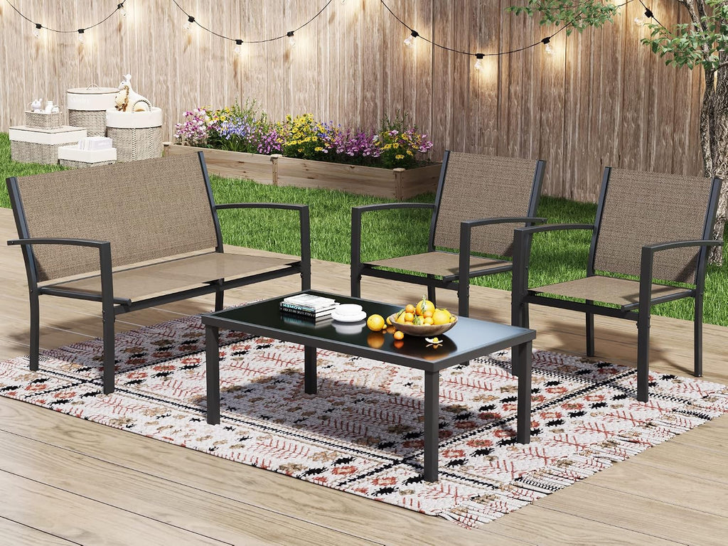 Greesum GS-LCT4PCSBN 4 Pieces Patio Furniture Set Outdoor Conversation Textilene Fabric Chairs for Lawn, Garden, Balcony, Poolside with A Glass Coffee Table, Brown