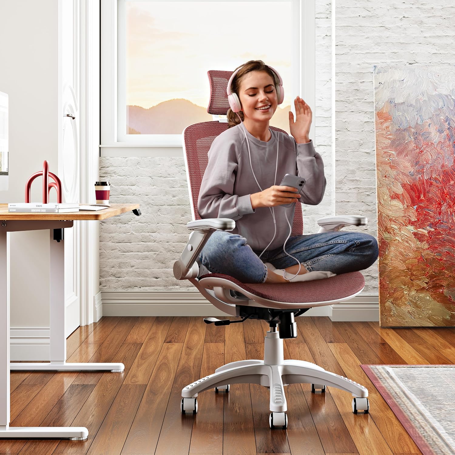 GABRYLLY Ergonomic Office Chair, High Back Home Desk Chair with Headrest, Flip-Up Arms, 90-120° Tilt Lock and Wide Cushion, 300LBS Mesh Chairs for Man Woman, White Task Chair(Red,GY01WR)