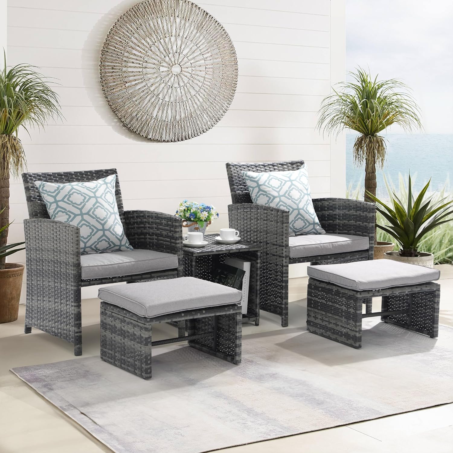 OC Orange-Casual 5 Piece Patio Furniture Set, Wicker Outdoor Conversation Chair and Ottoman Set with Coffee Table, Pillows Included, for Balcony, Porch, Deck, Light Grey