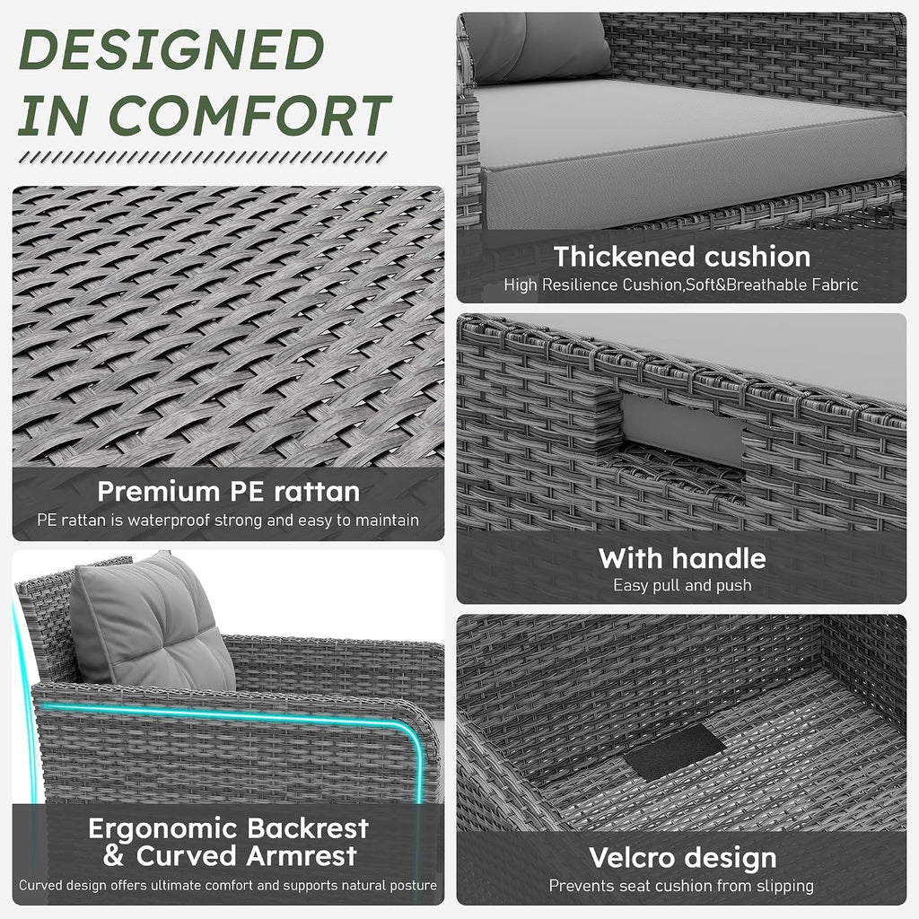 5 Pieces Patio Furniture Set, Hand-Woven Rattan Patio Conversation Set with Soft Cushions & Coffee Table, Outdoor Chairs with Hidden Ottoman for Porch, Lawn, Garden, Balcony, Grey