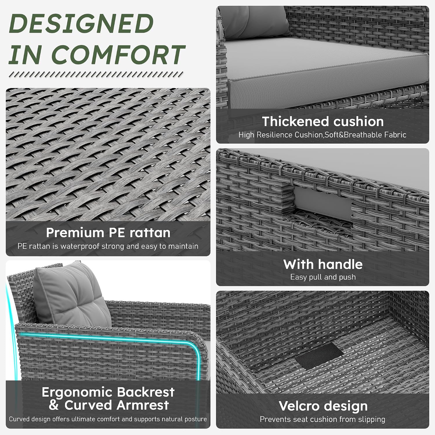 5 Pieces Patio Furniture Set, Hand-Woven Rattan Patio Conversation Set with Soft Cushions & Coffee Table, Outdoor Chairs with Hidden Ottoman for Porch, Lawn, Garden, Balcony, Grey