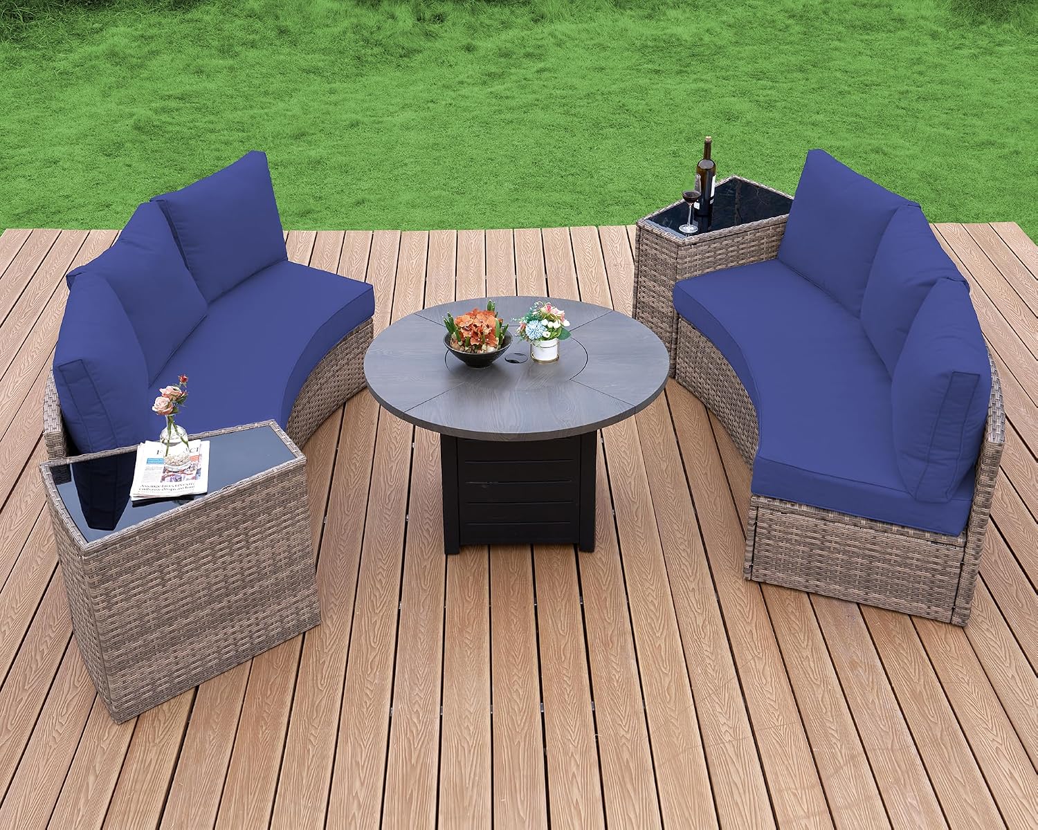 LUXOAK 6-Piece Wicker Patio Furniture Set, Waterproof Half-Moon Sectional Sofa with Cushions, Rattan Outdoor Conversation Set for Garden, Pool, Beach & Balcony, Blue