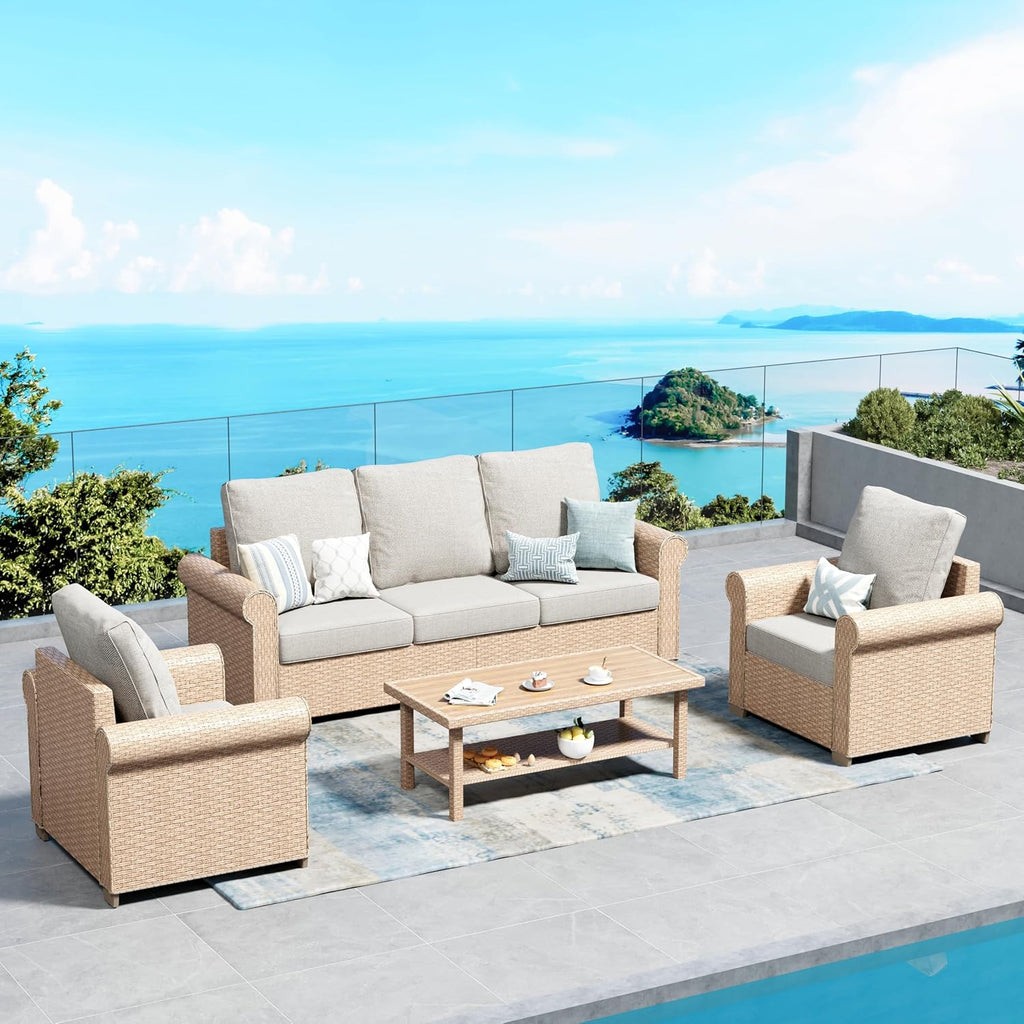 SUNSHINE VALLEY Patio Furniture Set 4 pcs, Wicker Rattan Sofa with 5.5' Thick Waterproof Cushions, 2 Chairs and Coffee Table, All Weather Outdoor Conversation Set for Backyard Deck, 5 Seats Beige