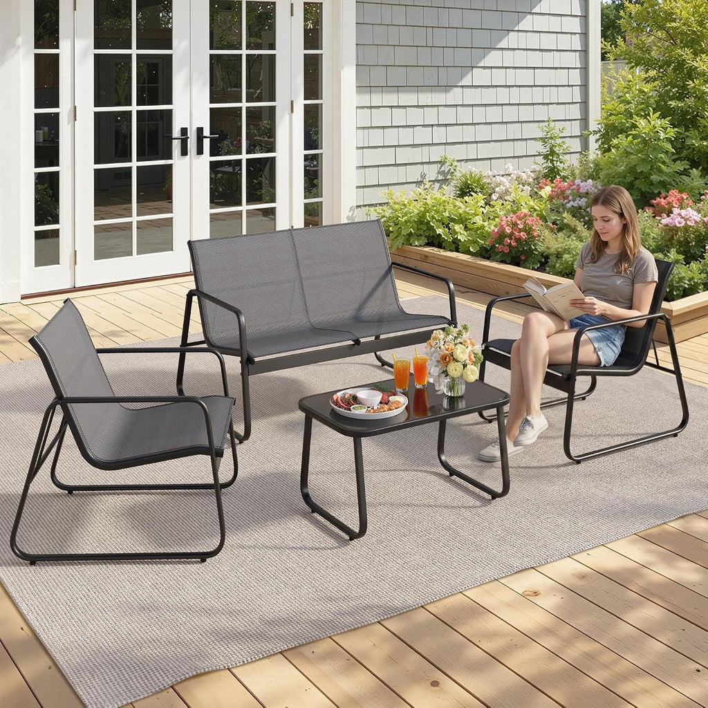 Gizoon 4 Piece Patio Furniture Set, Outdoor Conversation Set, with Glass Coffee Table, Loveseat, 2 Single Chairs, All Weather Textile Fabric, for Backyard, Balcony, Lawn, Garden, Poolside, Grey