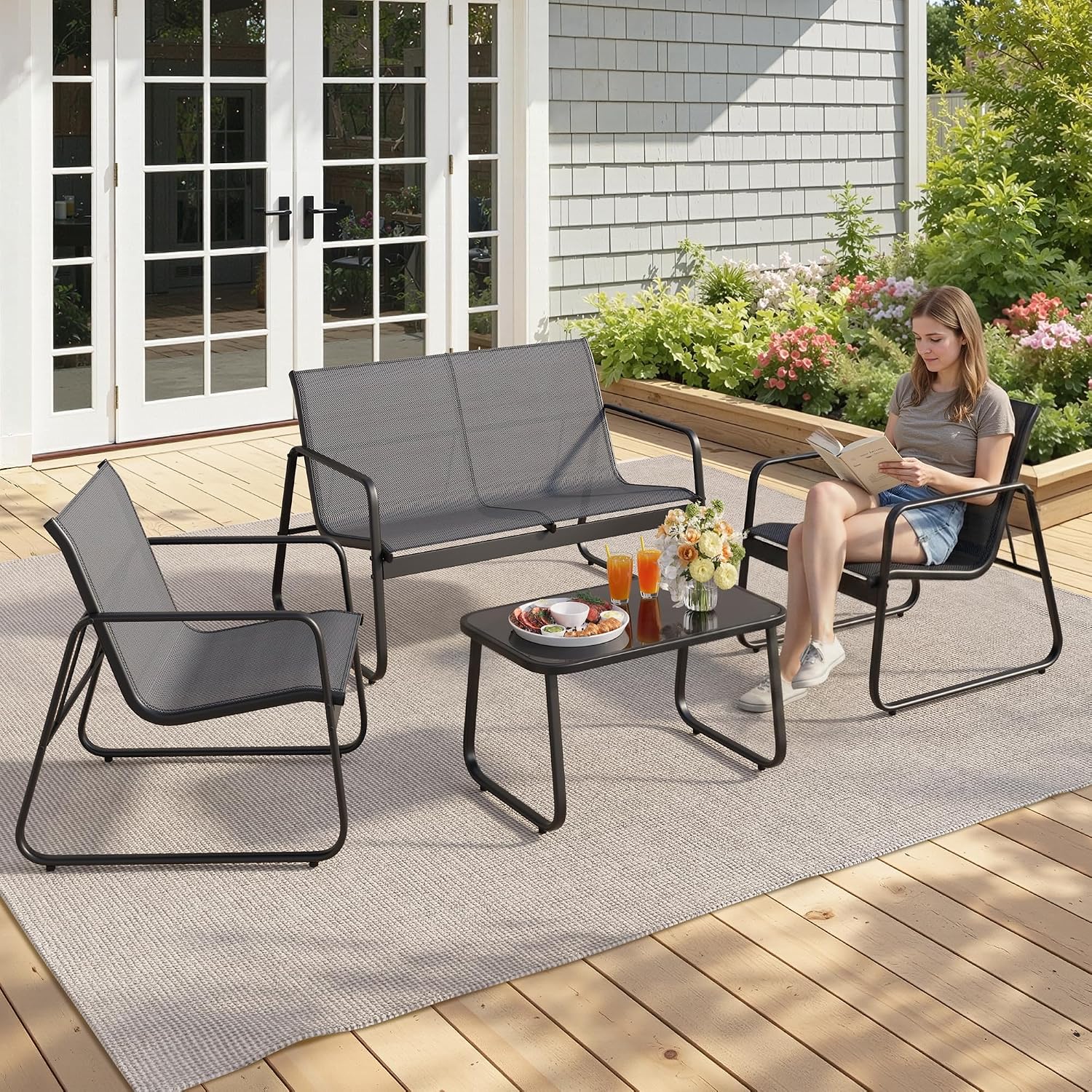 Gizoon 4 Piece Patio Furniture Set, Outdoor Conversation Set, with Glass Coffee Table, Loveseat, 2 Single Chairs, All Weather Textile Fabric, for Backyard, Balcony, Lawn, Garden, Poolside, Grey