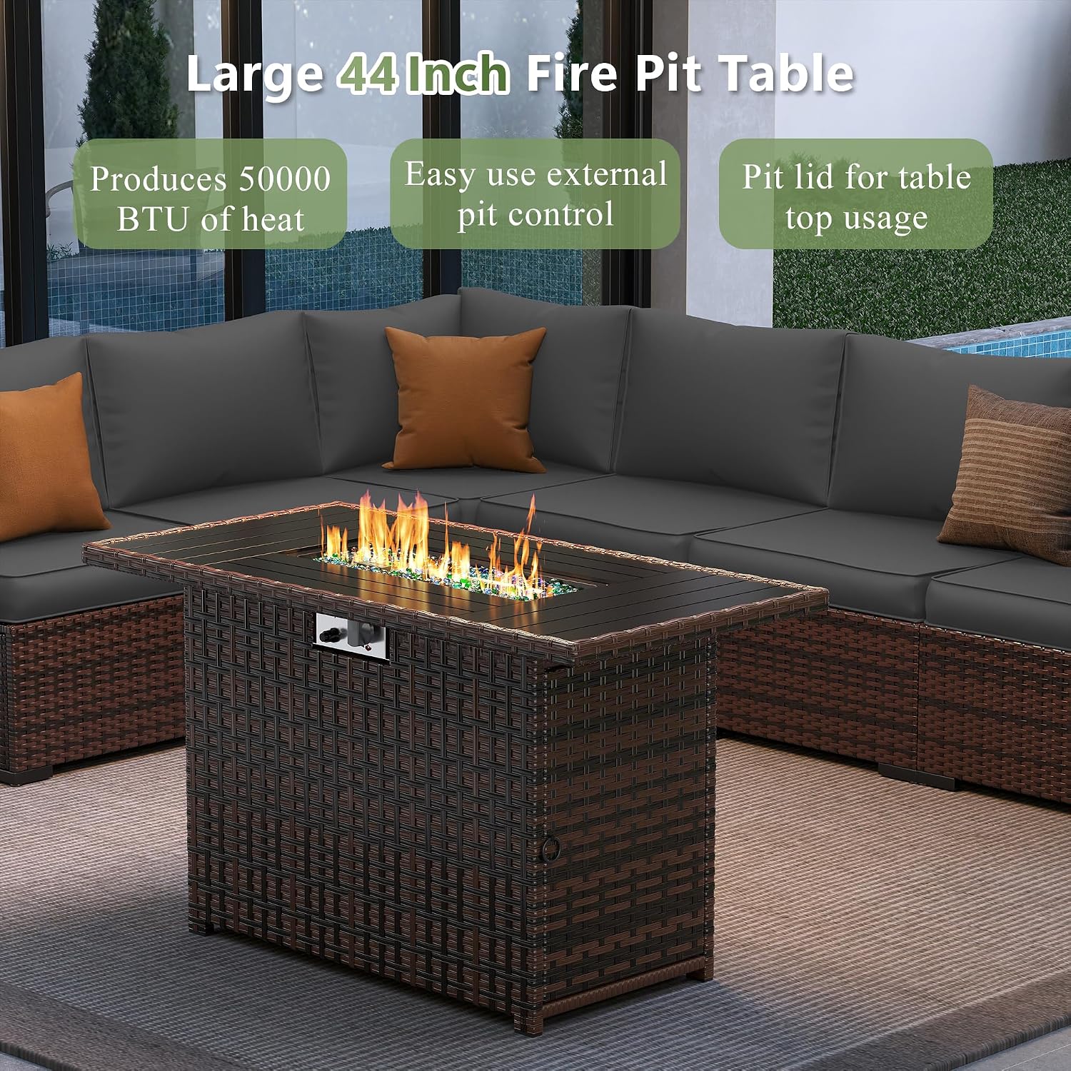 Amopatio 8 Pieces Patio Furniture Set with Fire Pit Table, Outdoor Sectional Conversation Sofa with Waterproof Cover, All-Weather Wicker for Garden, Backyard, Porch, Balcony(Dark Grey)