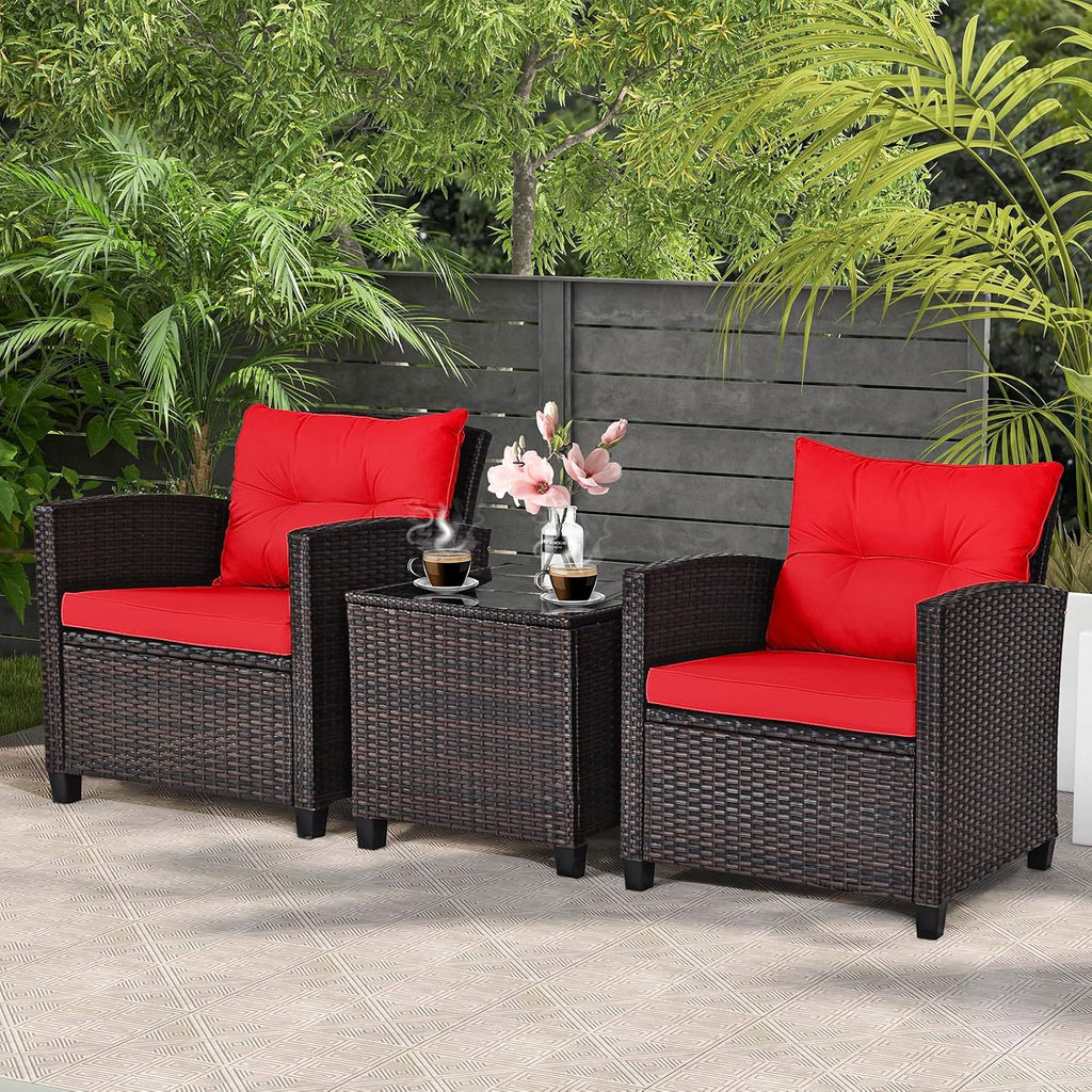 ORALNER 3 Pieces Patio Furniture Set, Outdoor Wicker Conversation Set Rattan Chairs with Cushions, Glass Coffee Table, Bistro Set for Front Porch Balcony Garden Deck Poolside (Red)
